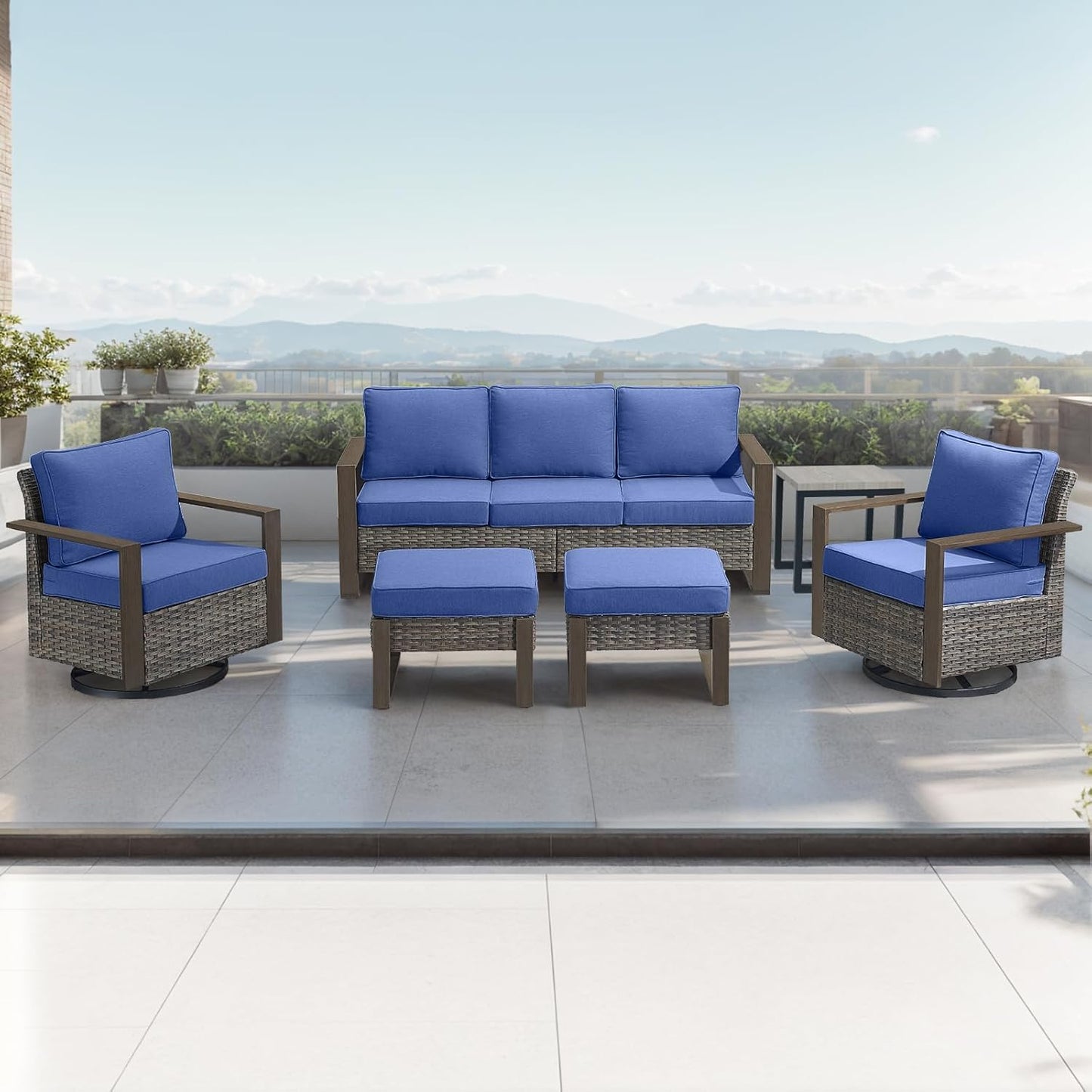 Outdoor Patio Swivel Rocker Chairs - Wicker Rattan Patio Swivel Rocking Chairs Set of 2 with Metal Wide Armrest, Thick Cushions and Deep Seating for Deck Porch Sunroom Garden(Brown/Grey)