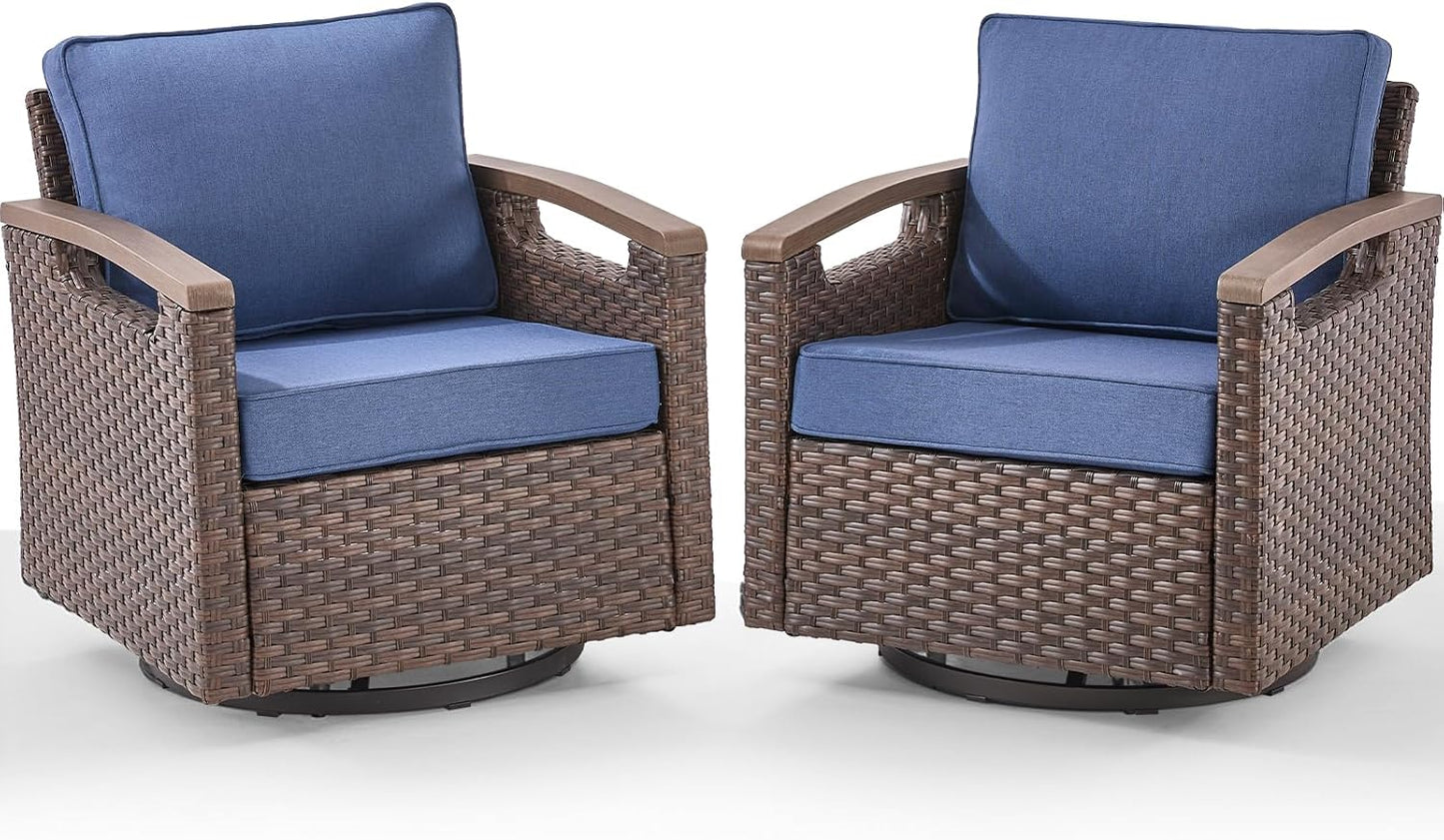 Outdoor Patio Swivel Rocking Chairs Set of 2, All Weather Wicker, Metal Armrest, Deep Seating, Thick Comfortable Cushions, Ideal for Deck Porch Backyard, Brown/Beige