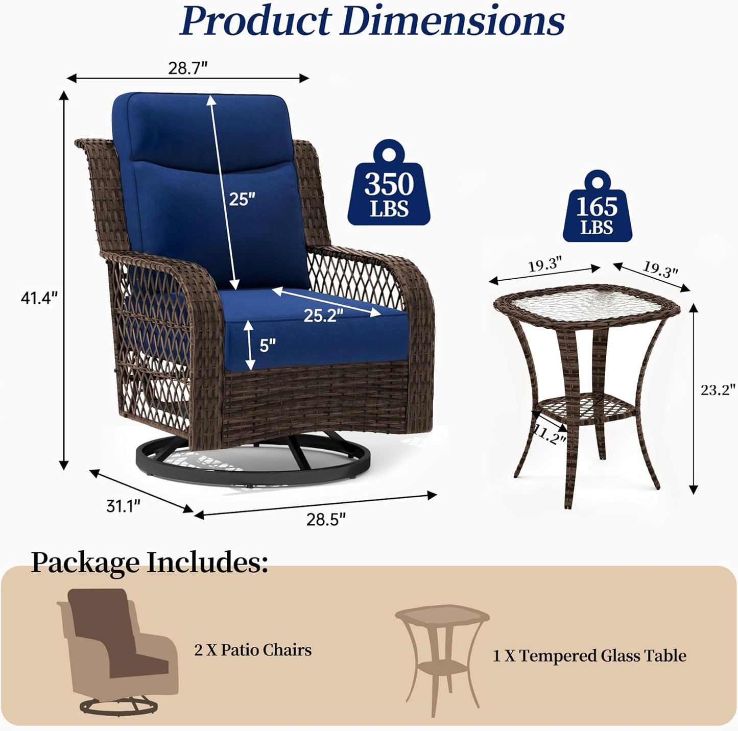 Outdoor Swivel Rocker Chairs 3 Pieces Wicker Swivel Patio Chair with Rattan Side Table, 5" Extra Thick Cushions and 25" Full Support Back, Patio Furniture Set for Outside Porch Deck