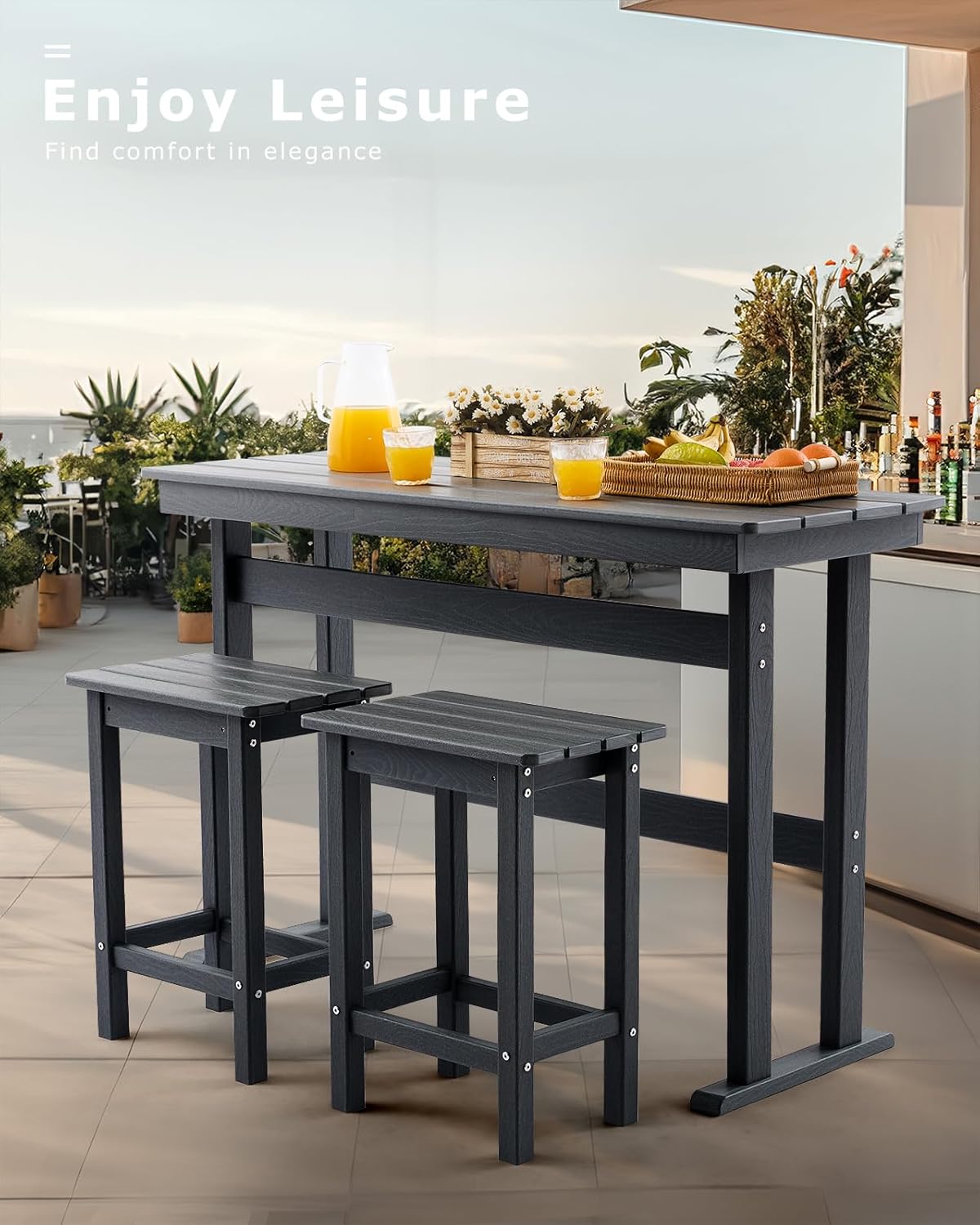 3 Piece HDPE Outdoor Bar Height Table and Chairs Set of 2 Includes High Top Patio Table and Chairs, Outside Patio Bar Set for Bistro,Balcony,Backyard,Poolside (Grey, 3 Piece)