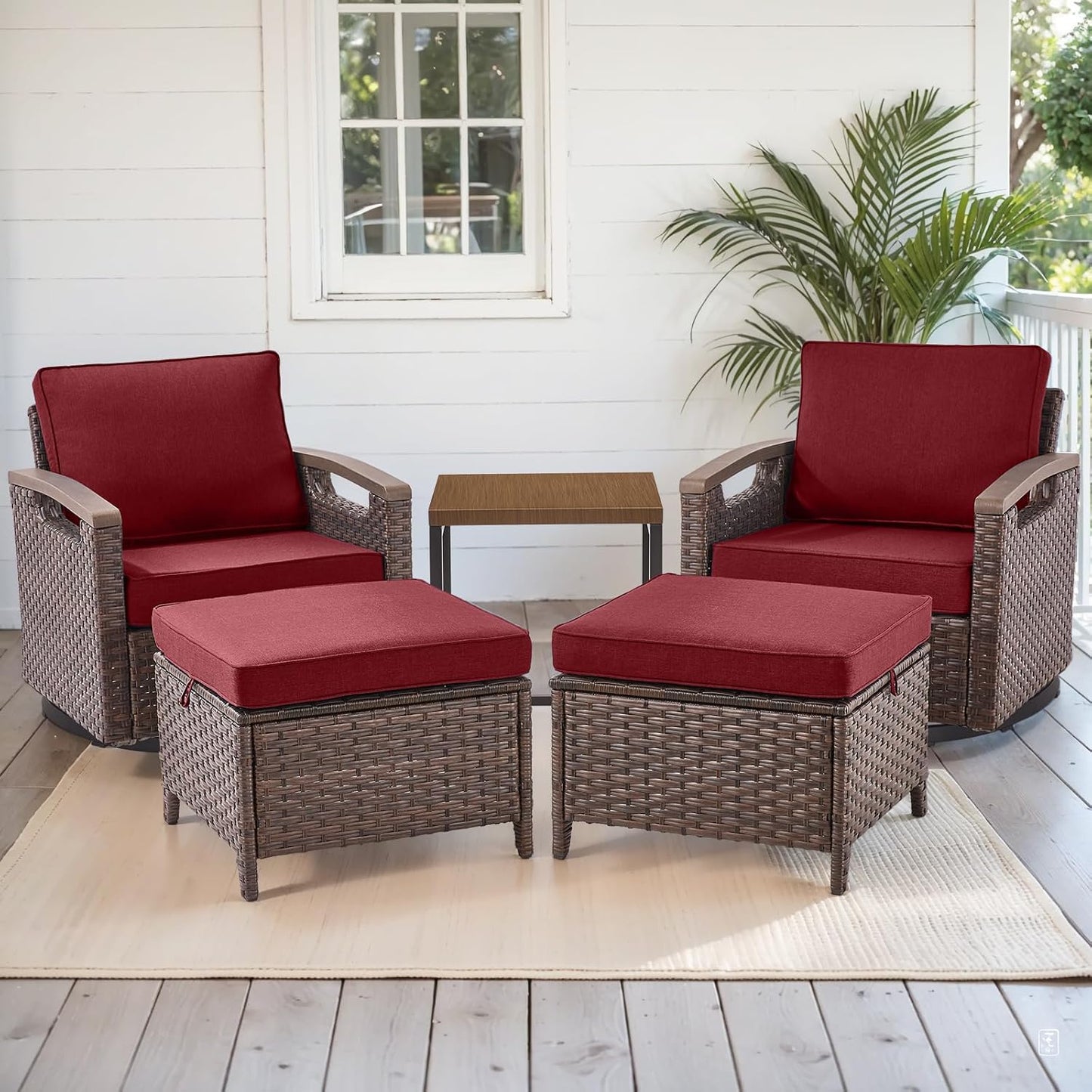 Outdoor Patio Swivel Rocking Chairs Set of 2, All Weather Wicker, Metal Armrest, Deep Seating, Thick Comfortable Cushions, Ideal for Deck Porch Backyard, Brown/Beige