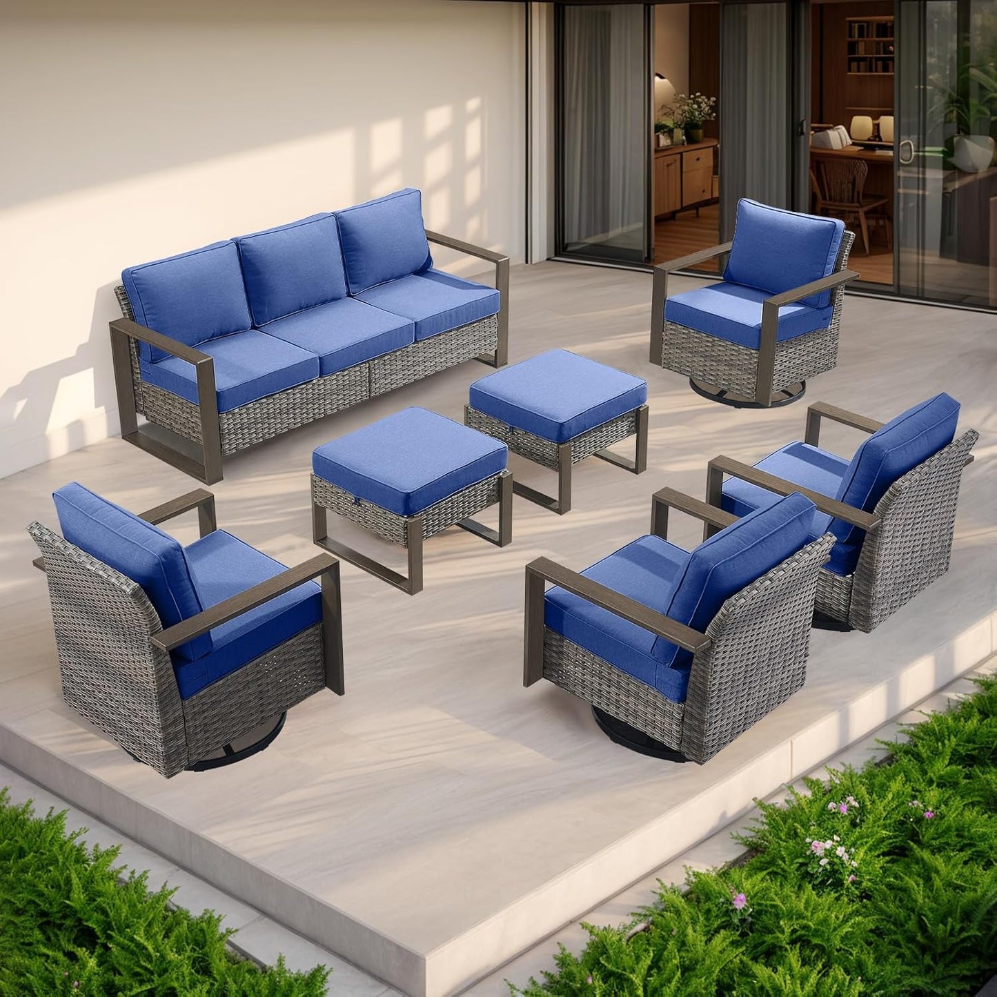 Outdoor Patio Swivel Rocker Chairs - Wicker Rattan Patio Swivel Rocking Chairs Set of 2 with Metal Wide Armrest, Thick Cushions and Deep Seating for Deck Porch Sunroom Garden(Brown/Grey)