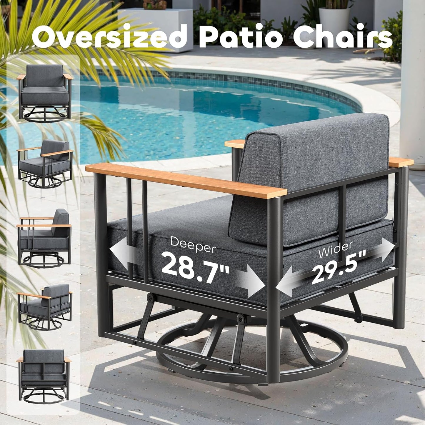 Luxury Patio Swivel Chairs with 6" Extra Thick Cushions, Outdoor Furniture Set with Ottomans and Side Table, Swivel Outdoor Chairs for Porch, Balcony, Deck, Patio, Yard, Poolside, Black/Grey