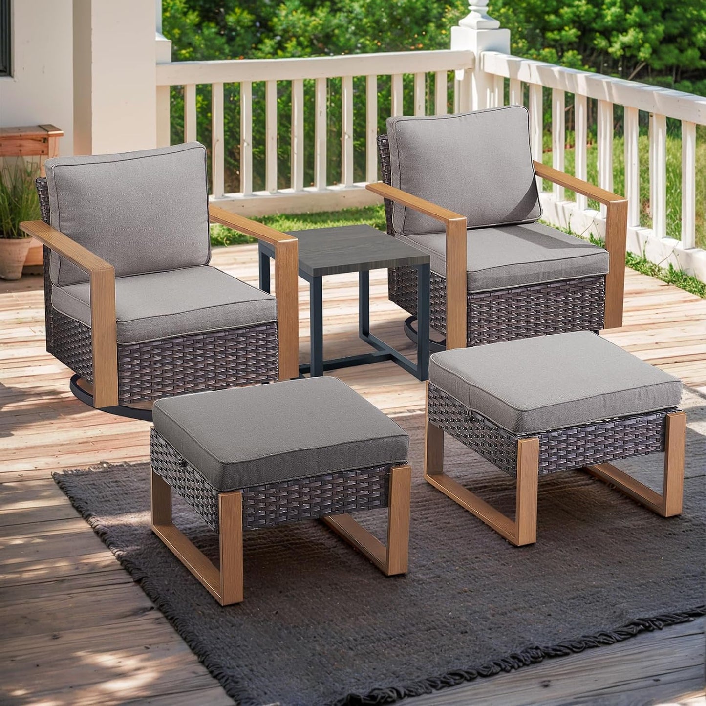 Outdoor Patio Swivel Rocker Chairs - Wicker Rattan Patio Swivel Rocking Chairs Set of 2 with Metal Wide Armrest, Thick Cushions and Deep Seating for Deck Porch Sunroom Garden(Brown/Grey)