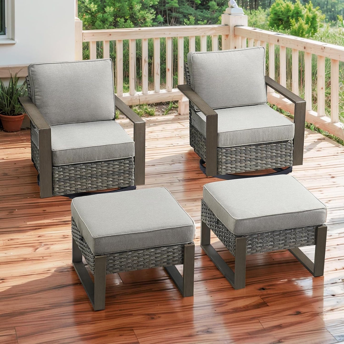 Outdoor Patio Swivel Rocker Chairs - Wicker Rattan Patio Swivel Rocking Chairs Set of 2 with Metal Wide Armrest, Thick Cushions and Deep Seating for Deck Porch Sunroom Garden(Brown/Grey)