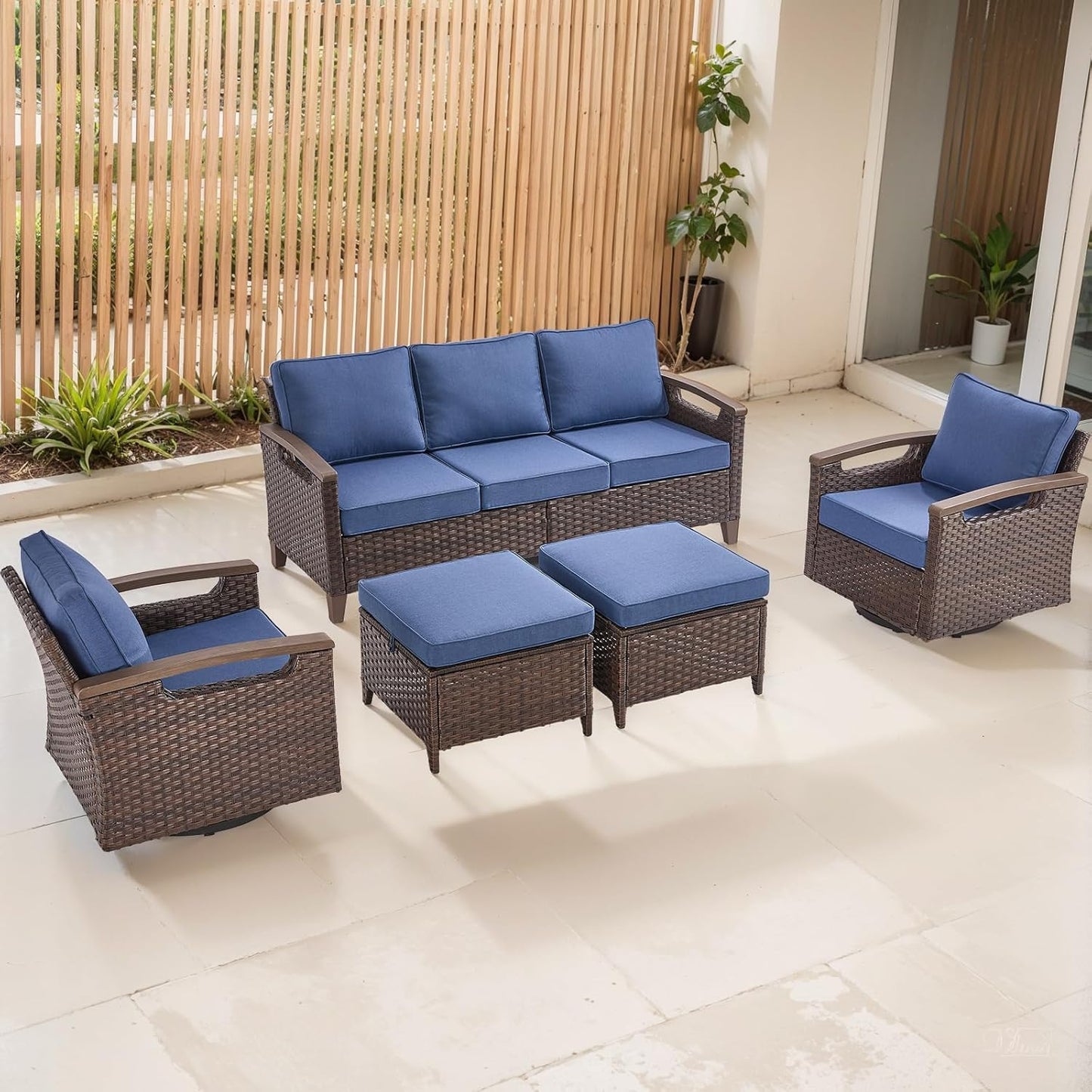 Outdoor Patio Swivel Rocking Chairs Set of 2, All Weather Wicker, Metal Armrest, Deep Seating, Thick Comfortable Cushions, Ideal for Deck Porch Backyard, Brown/Beige