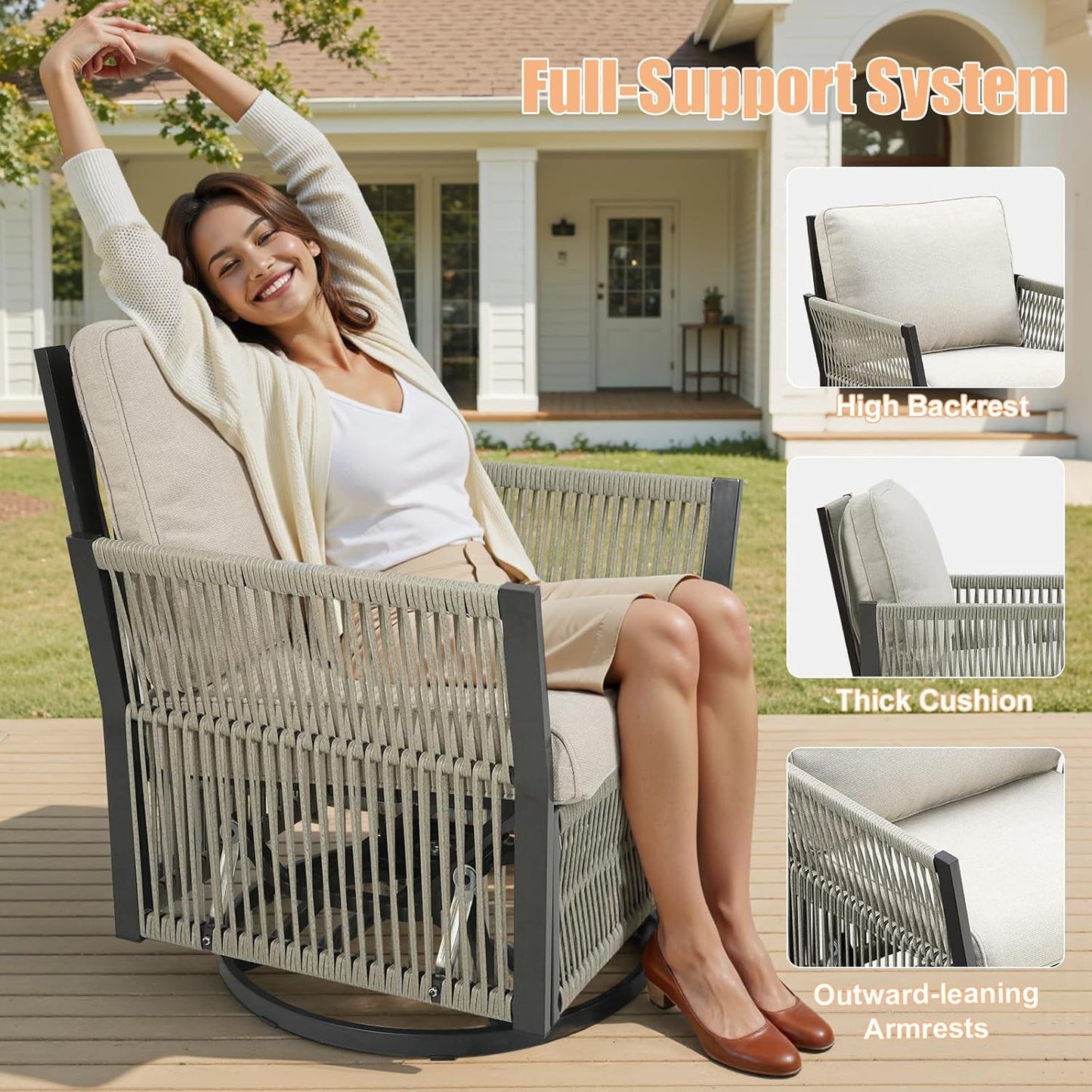 Wicker Swivel Rocker Patio Chairs, Patio Wicker Chairs Swivel Rocker Set of 2 Comfy Glider Rocking Chair Outdoor Conversation Furniture Set for Deck Porch Sunroom Backyard, Beige
