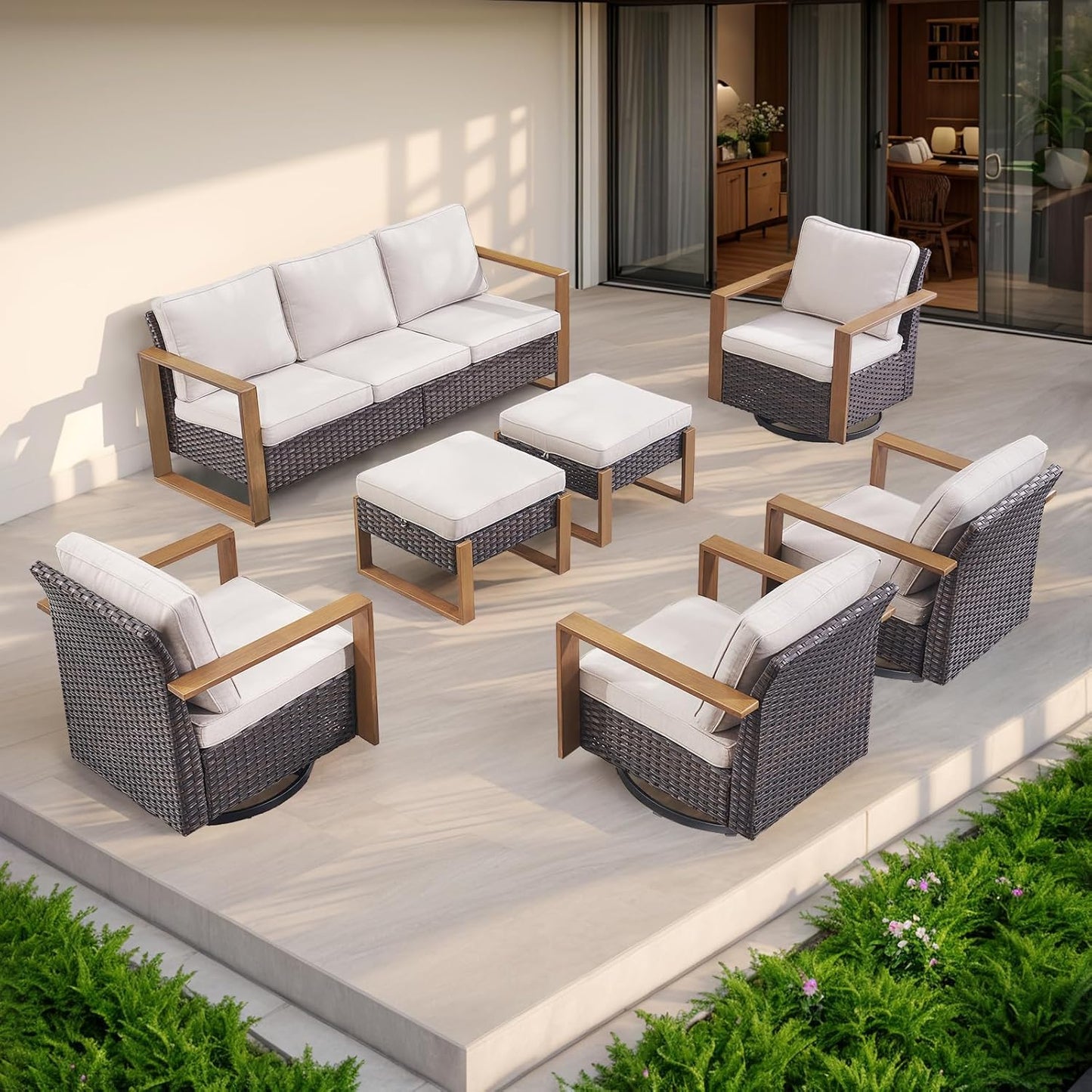 Outdoor Patio Swivel Rocker Chairs - Wicker Rattan Patio Swivel Rocking Chairs Set of 2 with Metal Wide Armrest, Thick Cushions and Deep Seating for Deck Porch Sunroom Garden(Brown/Grey)