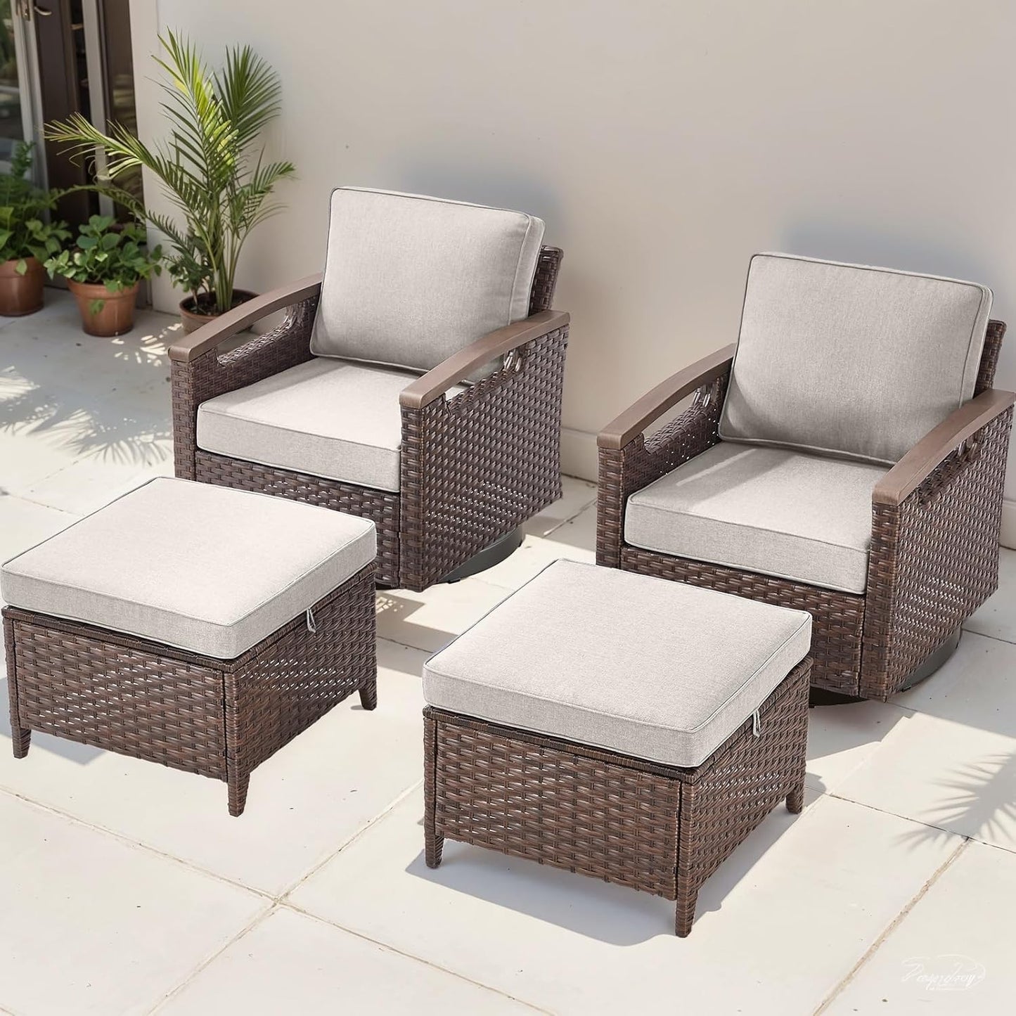 Outdoor Patio Swivel Rocking Chairs Set of 2, All Weather Wicker, Metal Armrest, Deep Seating, Thick Comfortable Cushions, Ideal for Deck Porch Backyard, Brown/Beige