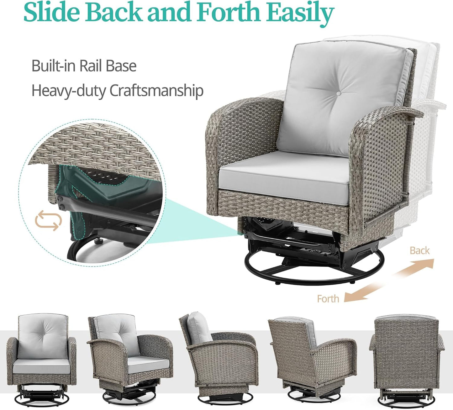 Outdoor Swivel Rocker Chairs Set, 3 Piece Patio Swivel Chairs Furniture Set, All-Weather Wicker Bistro Set, Washable Cushions, Ideal for Porch, Deck, Balcony, Backyard (LightGray)