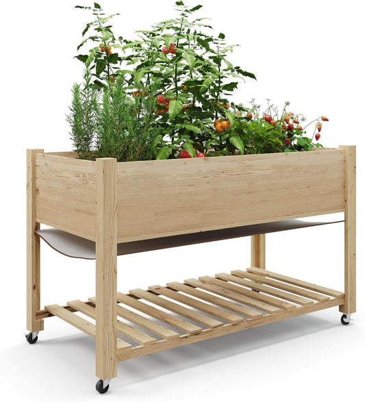 GarveeHome Raised Garden Bed 48x24x32-Inch Mobile Elevated Wood Planter Raised Beds w/Lockable Wheels, Storage Shelf, and Protective Liner for Indoor/Outdoor Gardening,Natural
