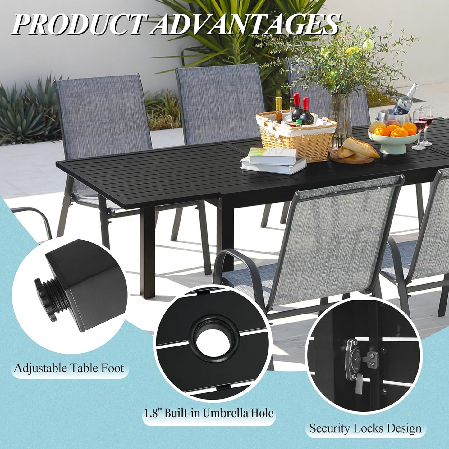 Outdoor Expandable Dining Table 71"-106" Aluminum Patio Dinner Table for 8-10 Person, Rectangular Metal Collapsible Tables with Umbrella Hole, Patio Tables with Extendable Top for Garden, Backyard