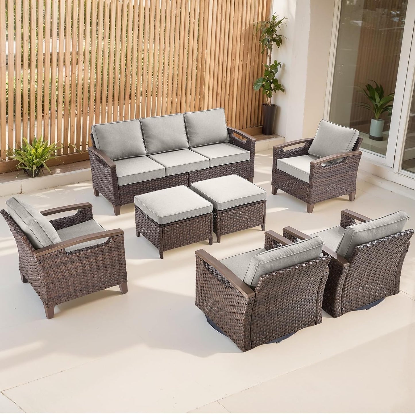 Outdoor Patio Swivel Rocking Chairs Set of 2, All Weather Wicker, Metal Armrest, Deep Seating, Thick Comfortable Cushions, Ideal for Deck Porch Backyard, Brown/Beige