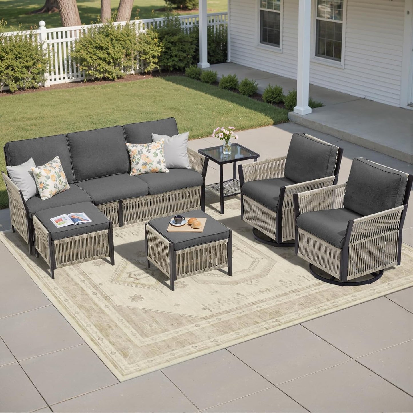 Wicker Swivel Rocker Patio Chairs, Patio Wicker Chairs Swivel Rocker Set of 2 Comfy Glider Rocking Chair Outdoor Conversation Furniture Set for Deck Porch Sunroom Backyard, Beige