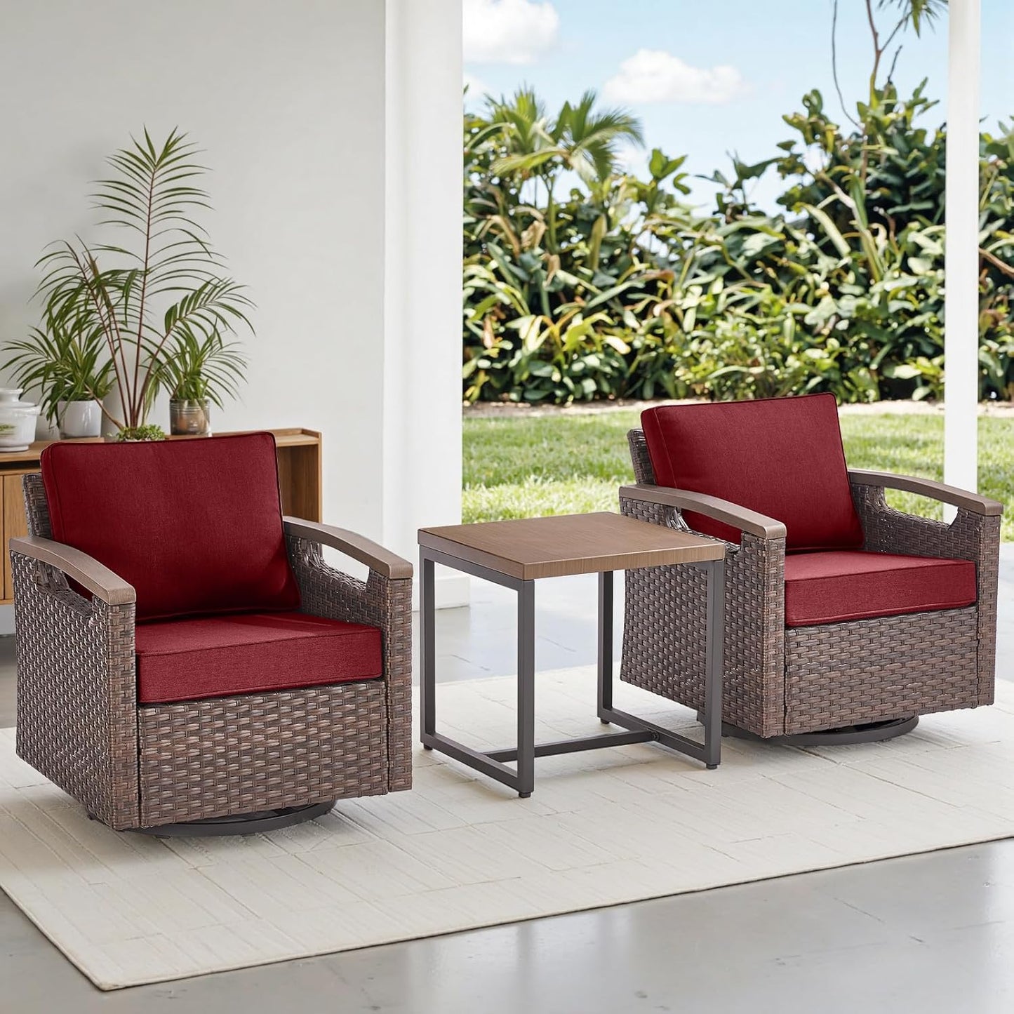 Outdoor Patio Swivel Rocking Chairs Set of 2, All Weather Wicker, Metal Armrest, Deep Seating, Thick Comfortable Cushions, Ideal for Deck Porch Backyard, Brown/Beige