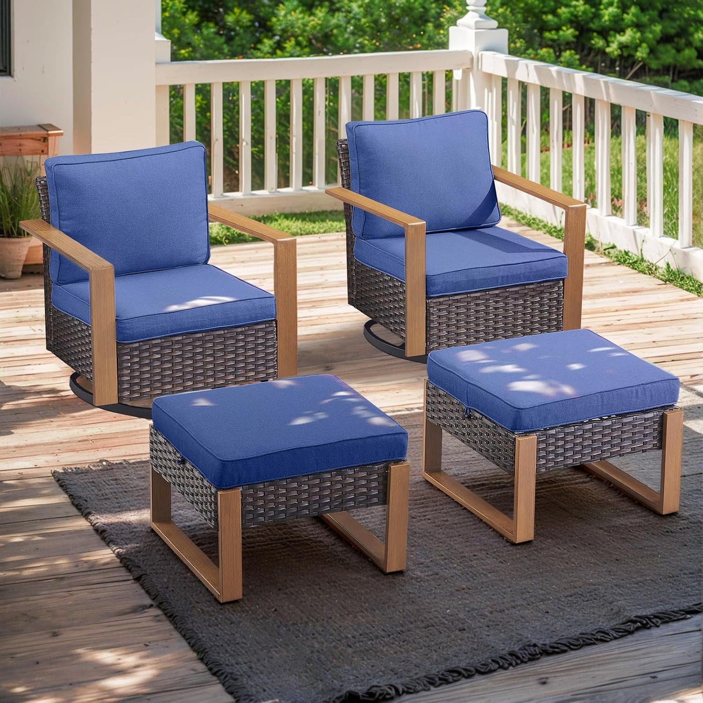 Outdoor Patio Swivel Rocker Chairs - Wicker Rattan Patio Swivel Rocking Chairs Set of 2 with Metal Wide Armrest, Thick Cushions and Deep Seating for Deck Porch Sunroom Garden(Brown/Grey)