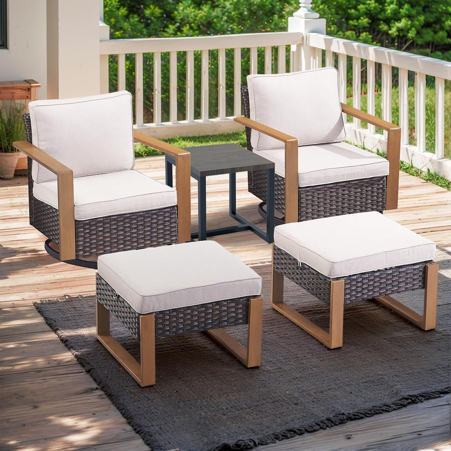 Outdoor Patio Swivel Rocker Chairs - Wicker Rattan Patio Swivel Rocking Chairs Set of 2 with Metal Wide Armrest, Thick Cushions and Deep Seating for Deck Porch Sunroom Garden(Brown/Grey)