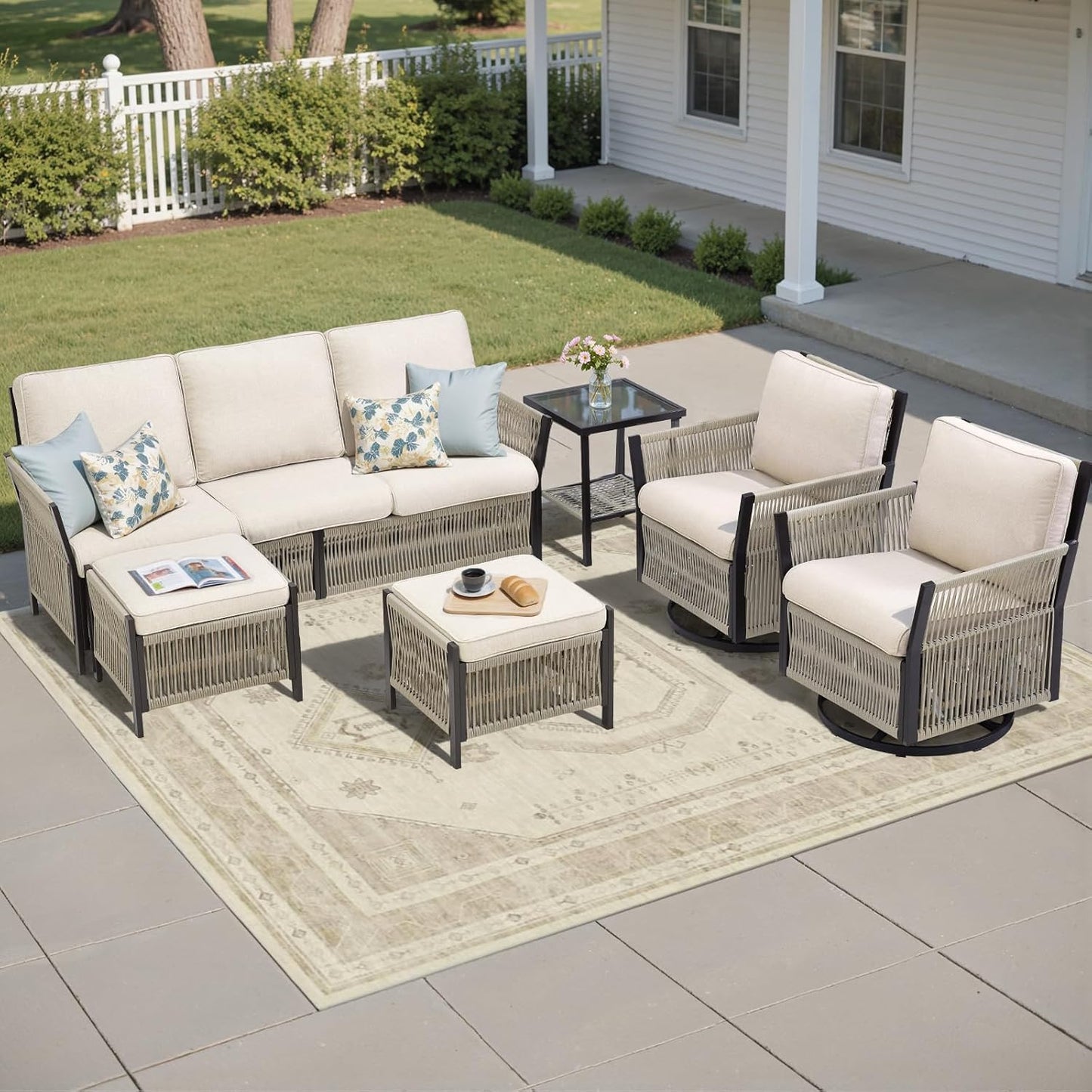 Wicker Swivel Rocker Patio Chairs, Patio Wicker Chairs Swivel Rocker Set of 2 Comfy Glider Rocking Chair Outdoor Conversation Furniture Set for Deck Porch Sunroom Backyard, Beige