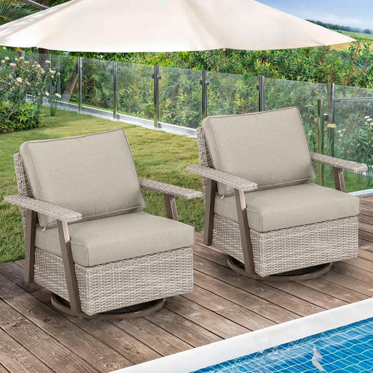 2 PCS Outdoor Patio Furniture Set, Oversized Swivel Patio Chairs Set of 2, Outdoor Swivel Rocking Glider Chairs Set, Brown/Taupe PE Wicker Rocking Chair with Cushion