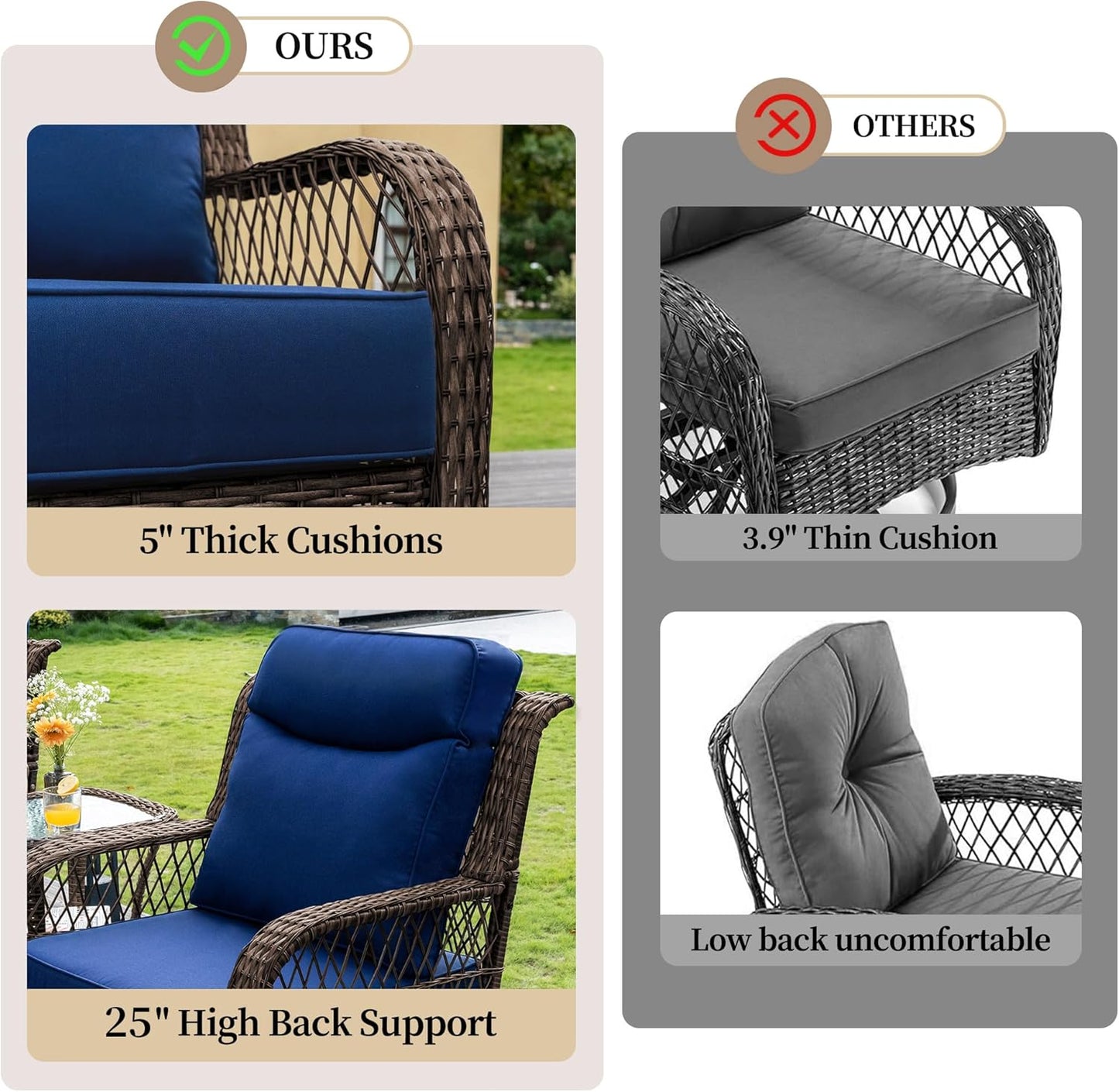 Outdoor Swivel Rocker Chairs 3 Pieces Wicker Swivel Patio Chair with Rattan Side Table, 5" Extra Thick Cushions and 25" Full Support Back, Patio Furniture Set for Outside Porch Deck