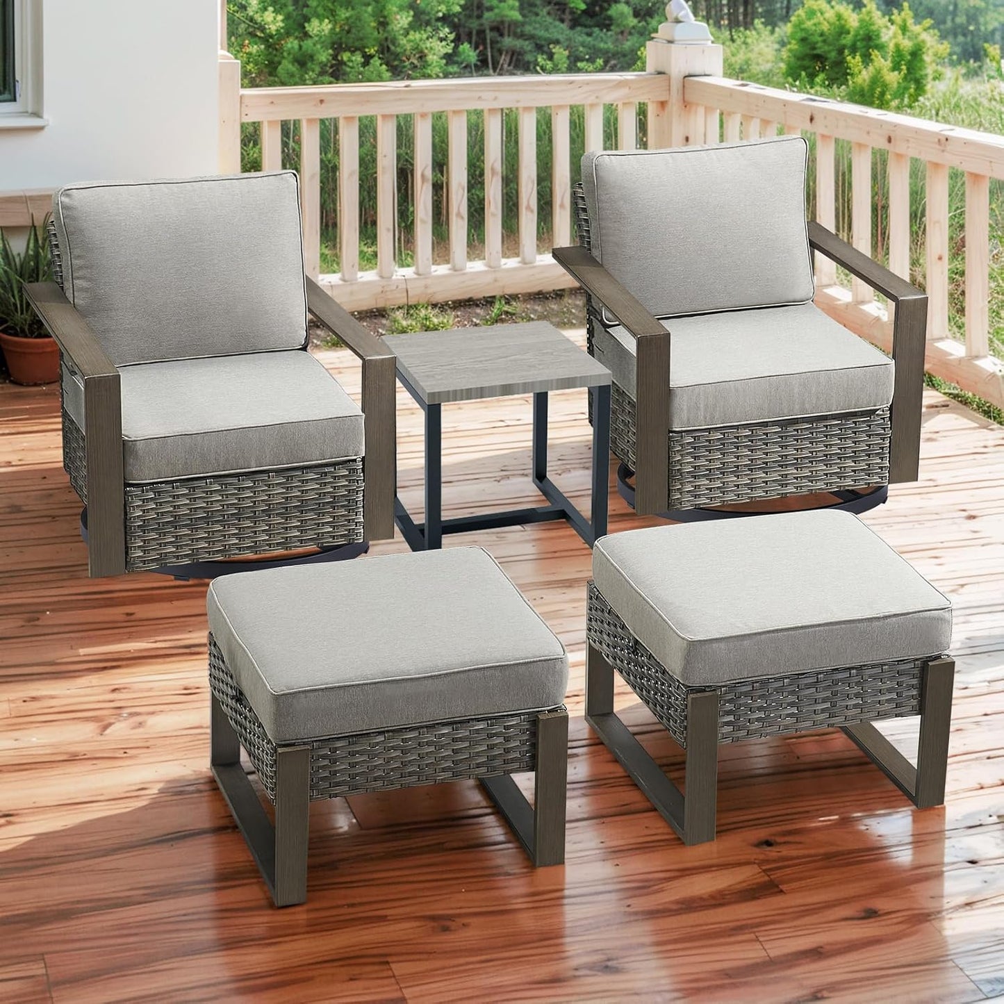 Outdoor Patio Swivel Rocker Chairs - Wicker Rattan Patio Swivel Rocking Chairs Set of 2 with Metal Wide Armrest, Thick Cushions and Deep Seating for Deck Porch Sunroom Garden(Brown/Grey)