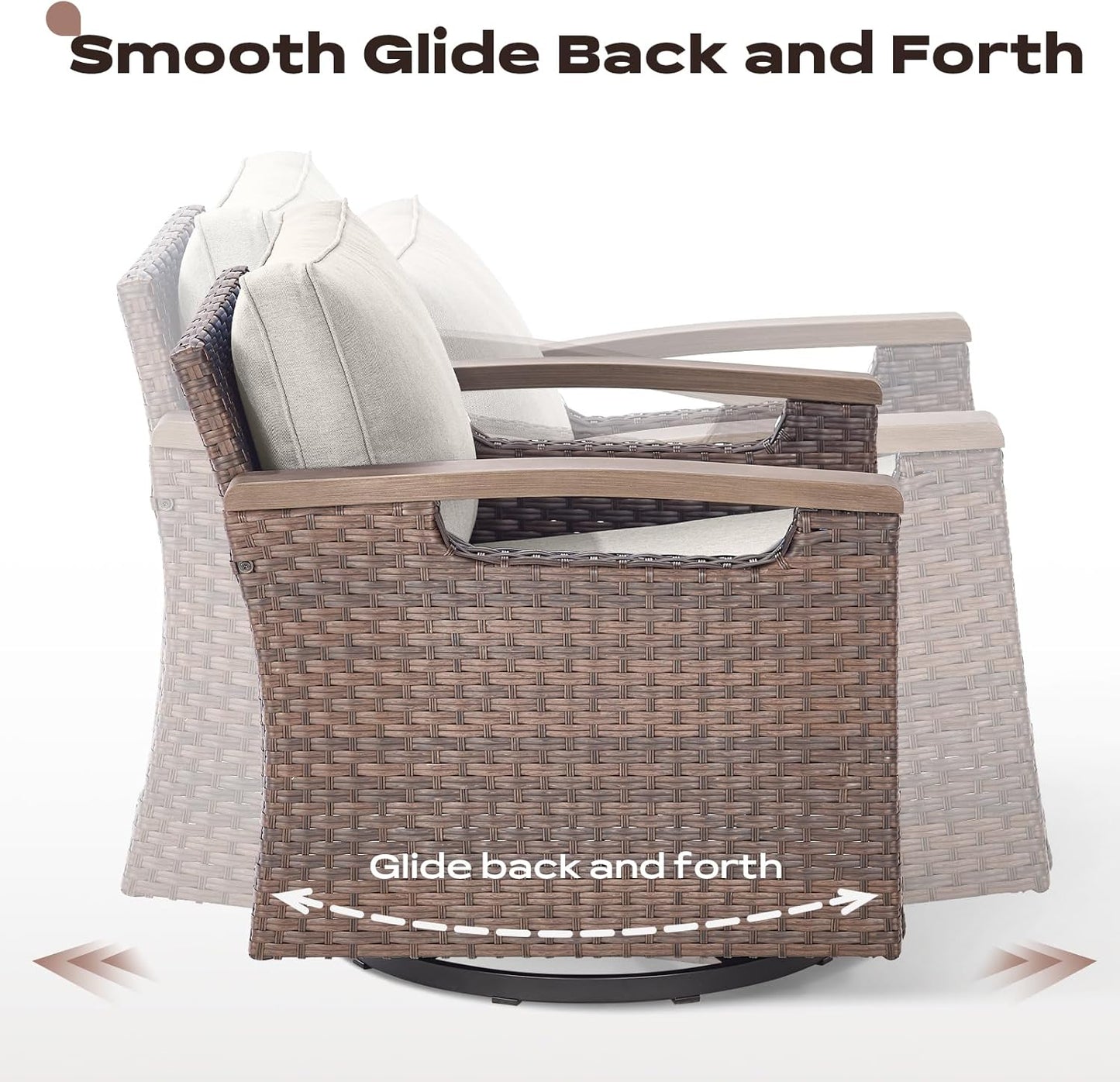 Outdoor Patio Swivel Rocking Chairs Set of 2, All Weather Wicker, Metal Armrest, Deep Seating, Thick Comfortable Cushions, Ideal for Deck Porch Backyard, Brown/Beige