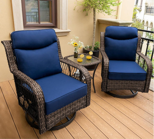 Outdoor Swivel Rocker Chairs 3 Pieces Wicker Swivel Patio Chair with Rattan Side Table, 5" Extra Thick Cushions and 25" Full Support Back, Patio Furniture Set for Outside Porch Deck