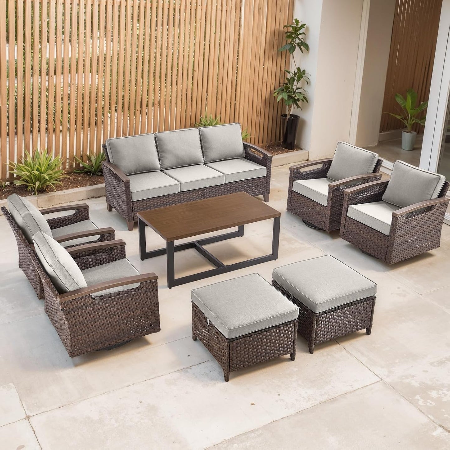 Outdoor Patio Swivel Rocking Chairs Set of 2, All Weather Wicker, Metal Armrest, Deep Seating, Thick Comfortable Cushions, Ideal for Deck Porch Backyard, Brown/Beige