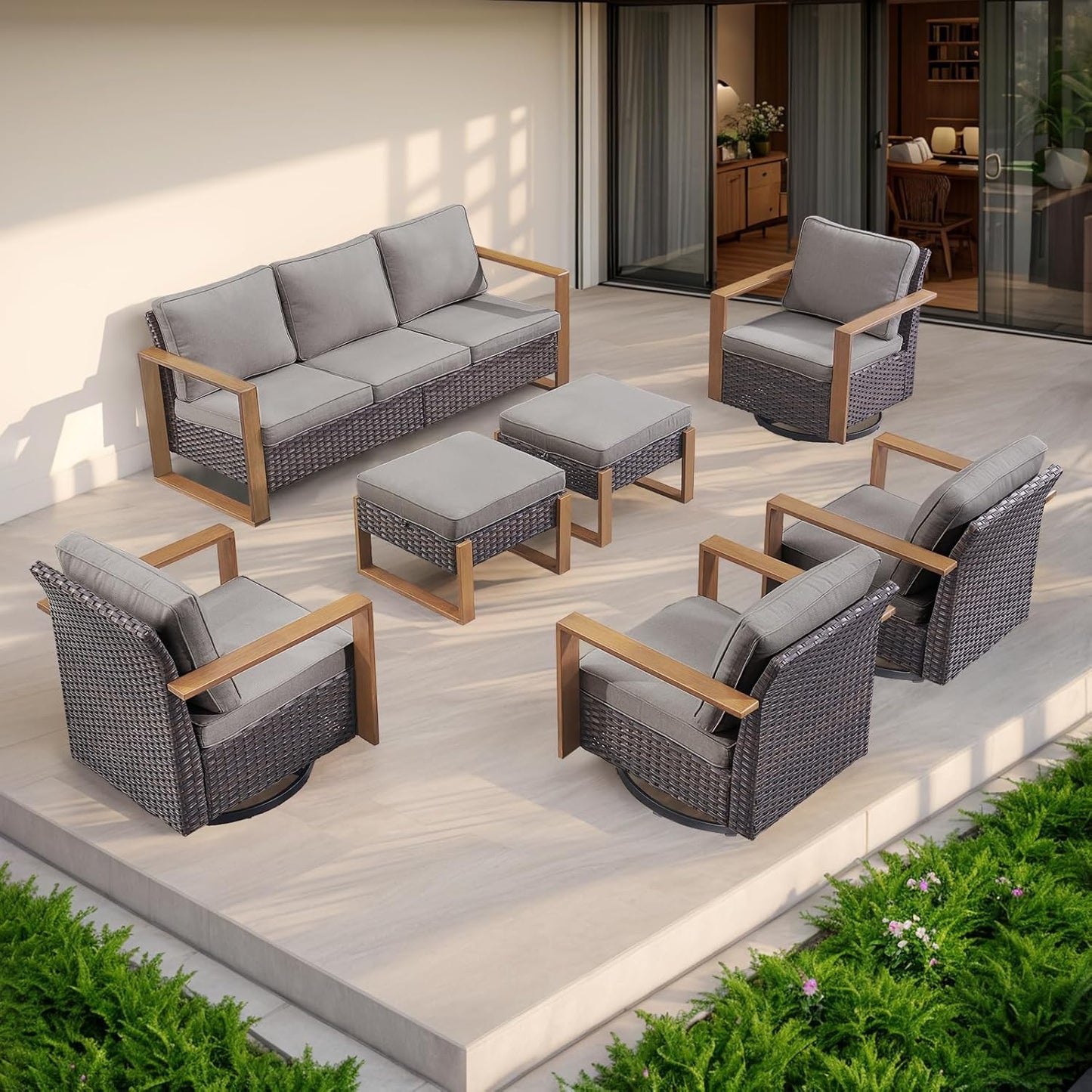 Outdoor Patio Swivel Rocker Chairs - Wicker Rattan Patio Swivel Rocking Chairs Set of 2 with Metal Wide Armrest, Thick Cushions and Deep Seating for Deck Porch Sunroom Garden(Brown/Grey)