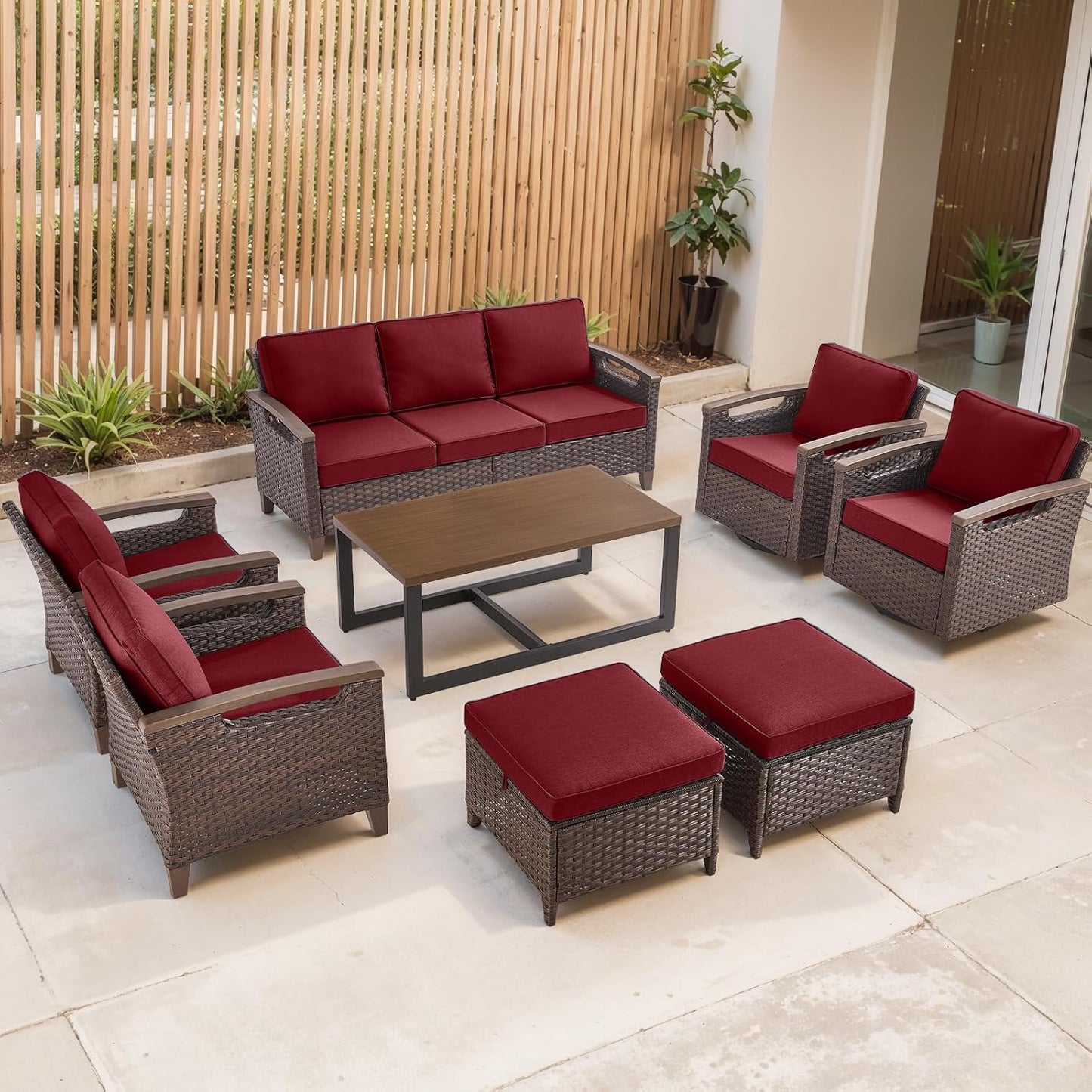 Outdoor Patio Swivel Rocking Chairs Set of 2, All Weather Wicker, Metal Armrest, Deep Seating, Thick Comfortable Cushions, Ideal for Deck Porch Backyard, Brown/Beige