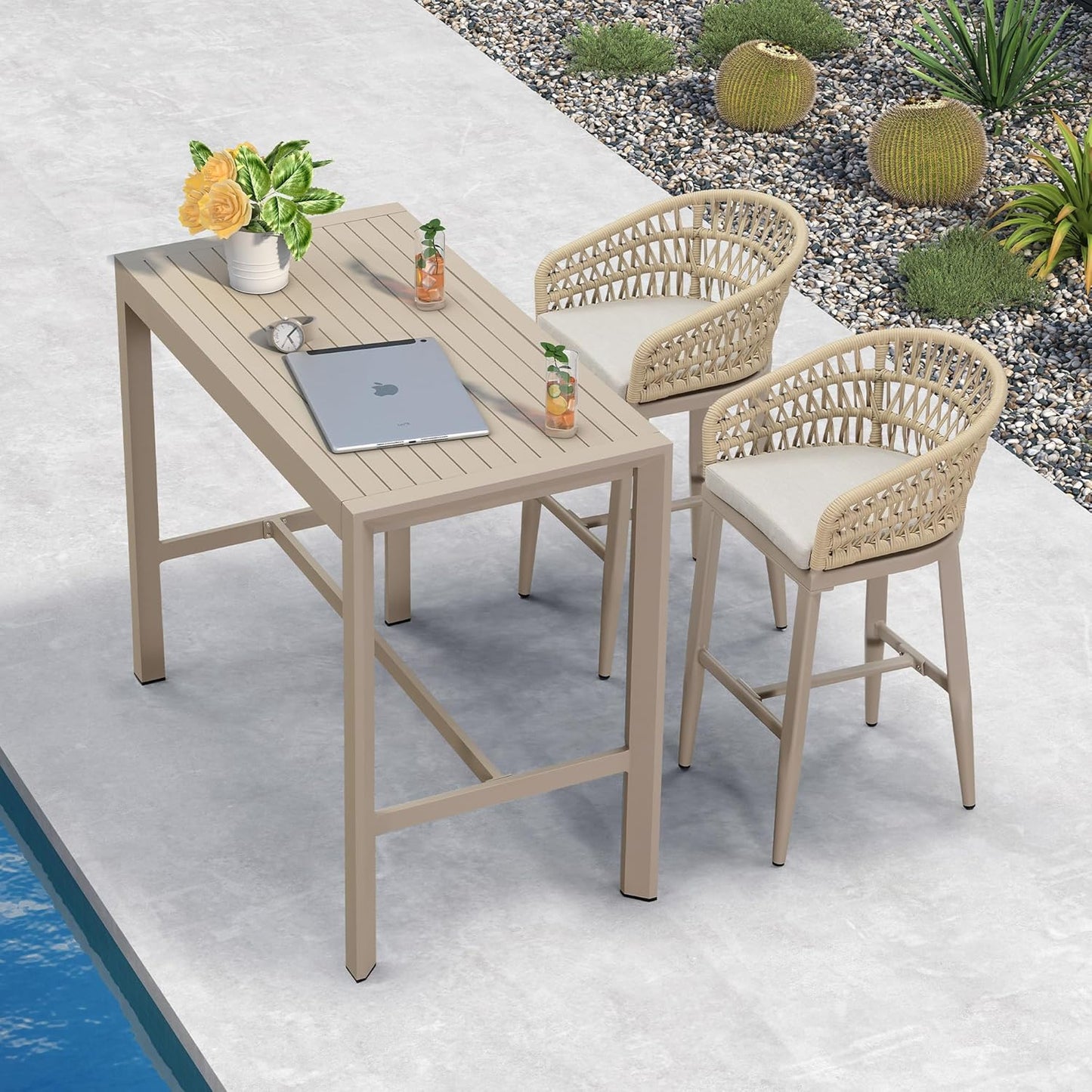 PURPLE LEAF 3 Pieces Outdoor Rattan 29" Bar Stools and Table Set, Modern Boho Aluminum Patio Bar Height Chair Bar Table for Outdoor and Indoor, Champagne