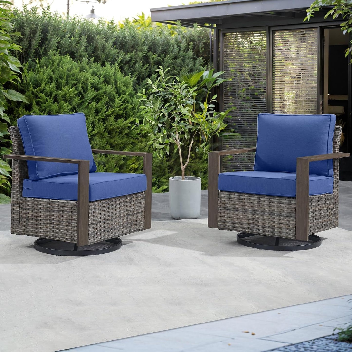 Outdoor Patio Swivel Rocker Chairs - Wicker Rattan Patio Swivel Rocking Chairs Set of 2 with Metal Wide Armrest, Thick Cushions and Deep Seating for Deck Porch Sunroom Garden(Brown/Grey)