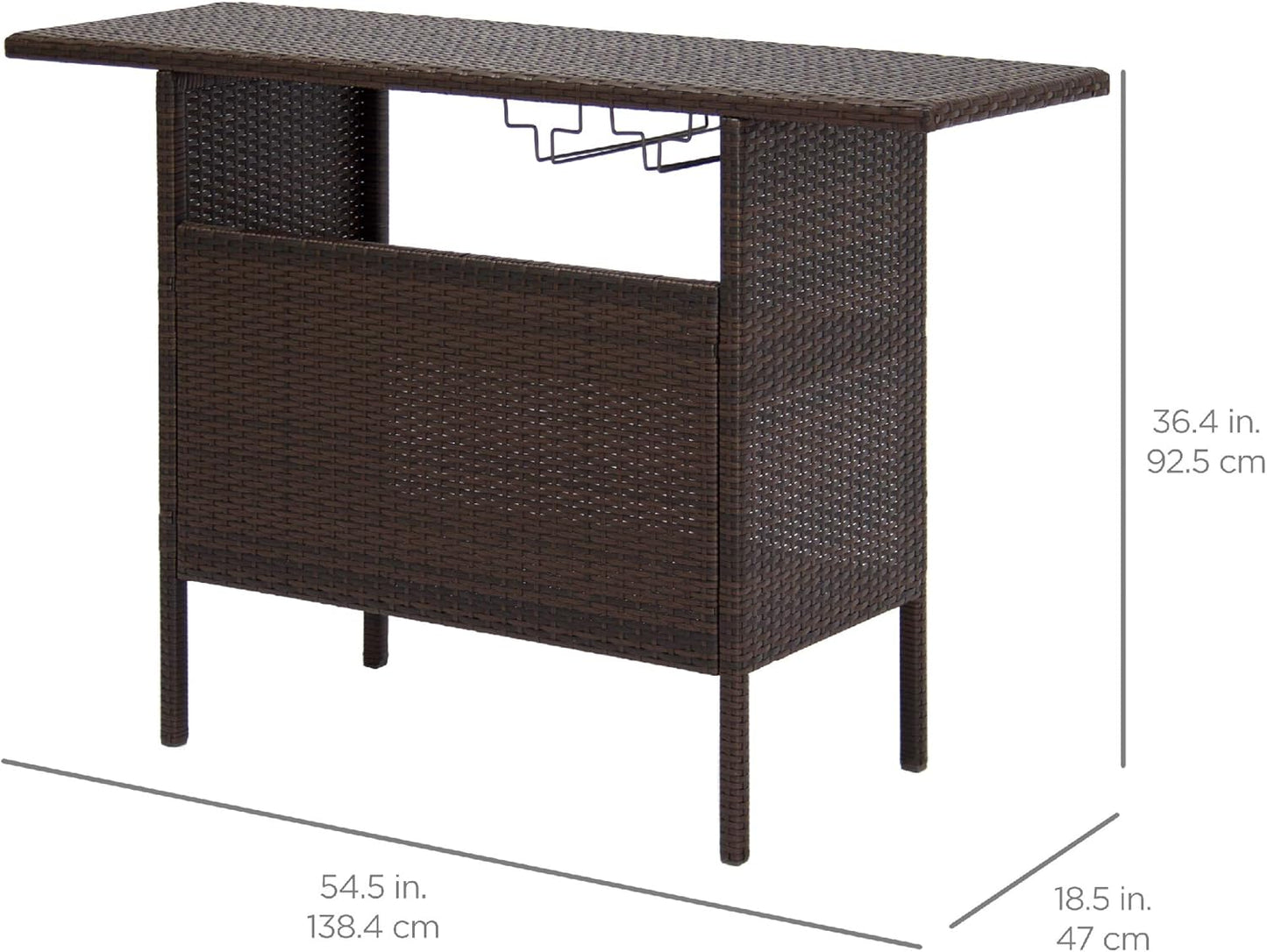 Best Choice Products Outdoor Patio Wicker Bar Counter Table Backyard Furniture w/ 2 Steel Shelves and 2 Sets of Rails - Brown