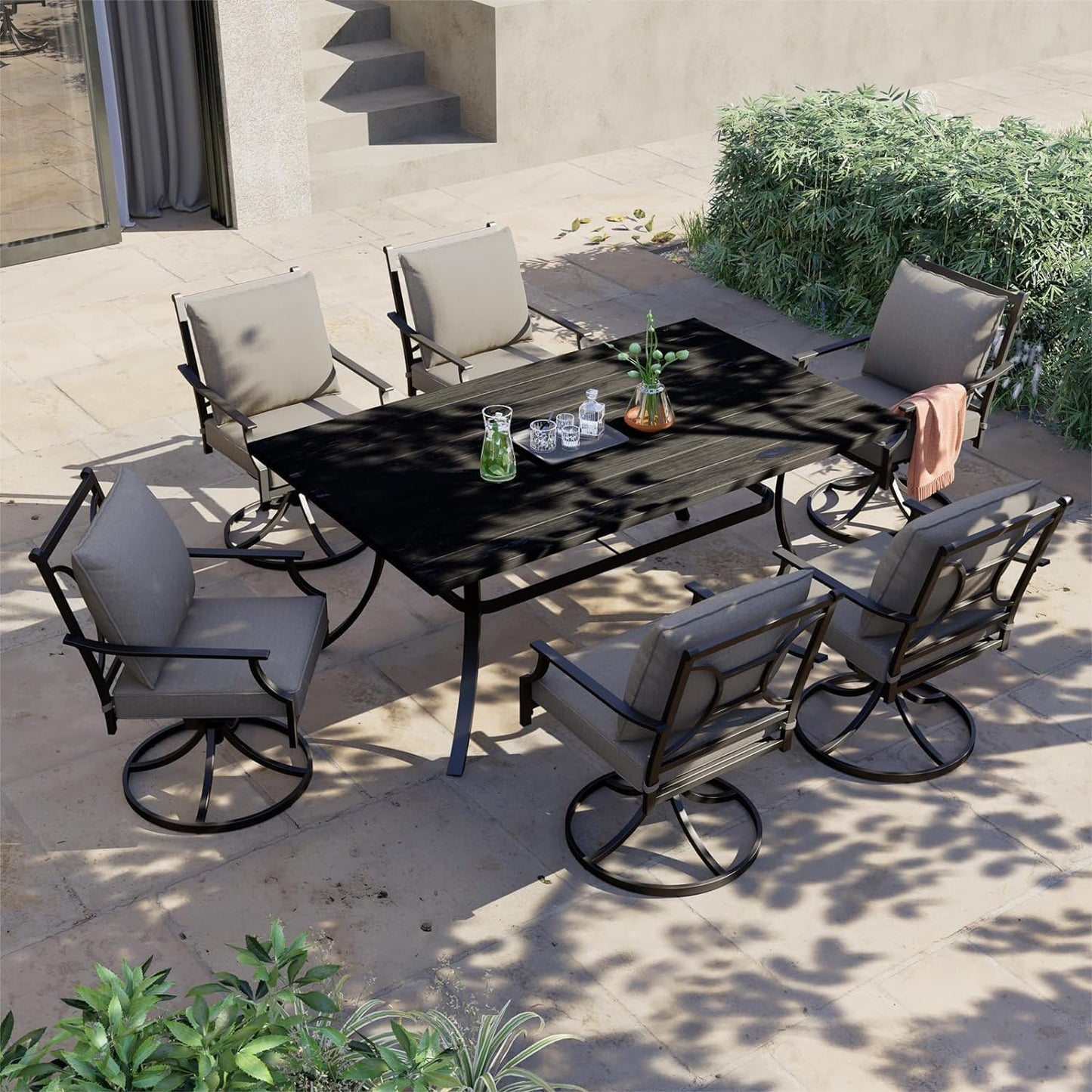 Grand patio Dining Chairs Set of 2，Outdoor Swivel Patio Dining Chairs Set of 2，Swivel Rocker Dining Chair，Outdoor Dining Chairs with Grey Cushions, Patio Chairs for Outside, Garden Lawn Porch