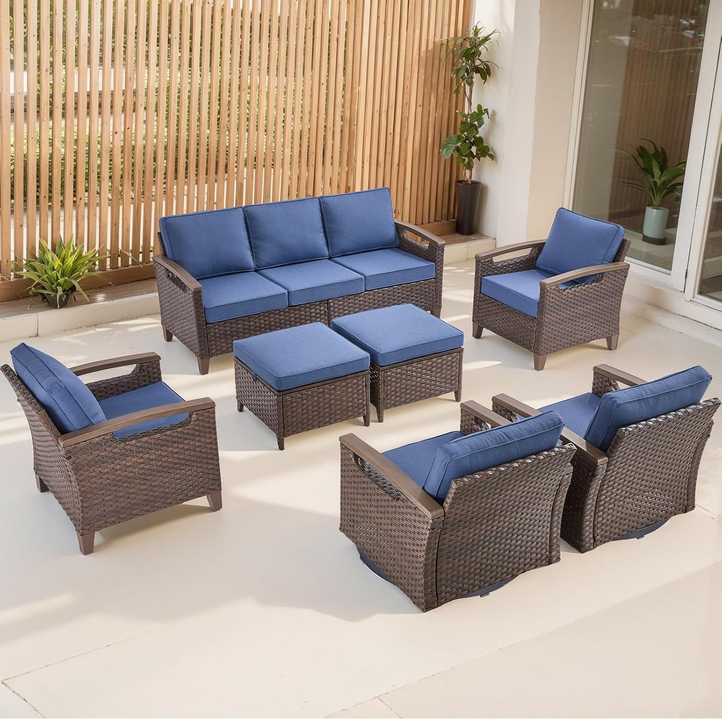 Outdoor Patio Swivel Rocking Chairs Set of 2, All Weather Wicker, Metal Armrest, Deep Seating, Thick Comfortable Cushions, Ideal for Deck Porch Backyard, Brown/Beige