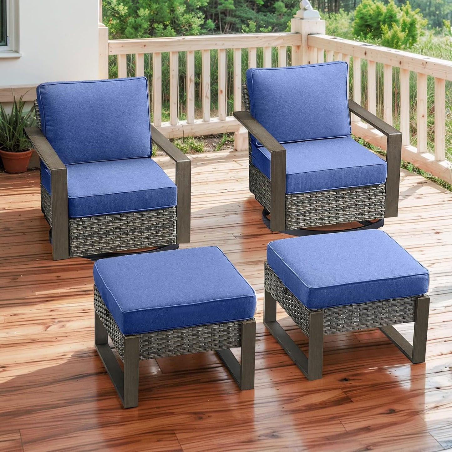 Outdoor Patio Swivel Rocker Chairs - Wicker Rattan Patio Swivel Rocking Chairs Set of 2 with Metal Wide Armrest, Thick Cushions and Deep Seating for Deck Porch Sunroom Garden(Brown/Grey)