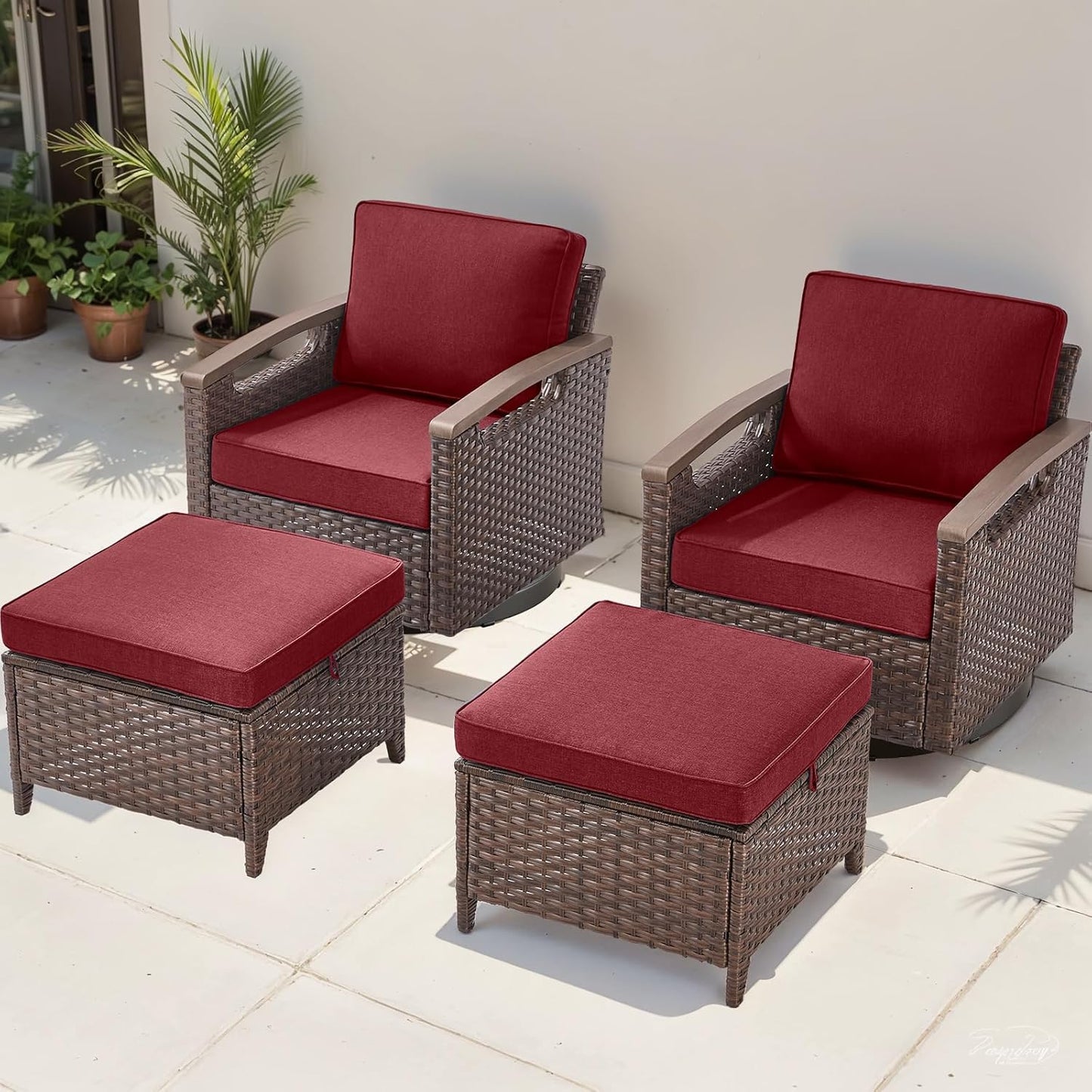Outdoor Patio Swivel Rocking Chairs Set of 2, All Weather Wicker, Metal Armrest, Deep Seating, Thick Comfortable Cushions, Ideal for Deck Porch Backyard, Brown/Beige