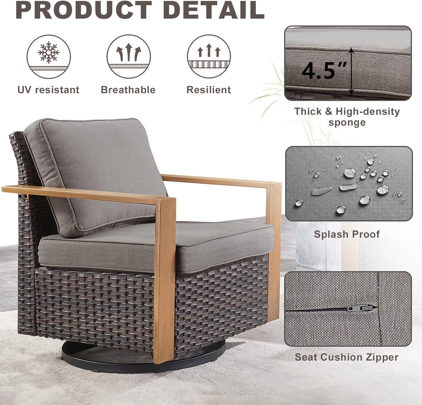 Outdoor Patio Swivel Rocker Chairs - Wicker Rattan Patio Swivel Rocking Chairs Set of 2 with Metal Wide Armrest, Thick Cushions and Deep Seating for Deck Porch Sunroom Garden(Brown/Grey)