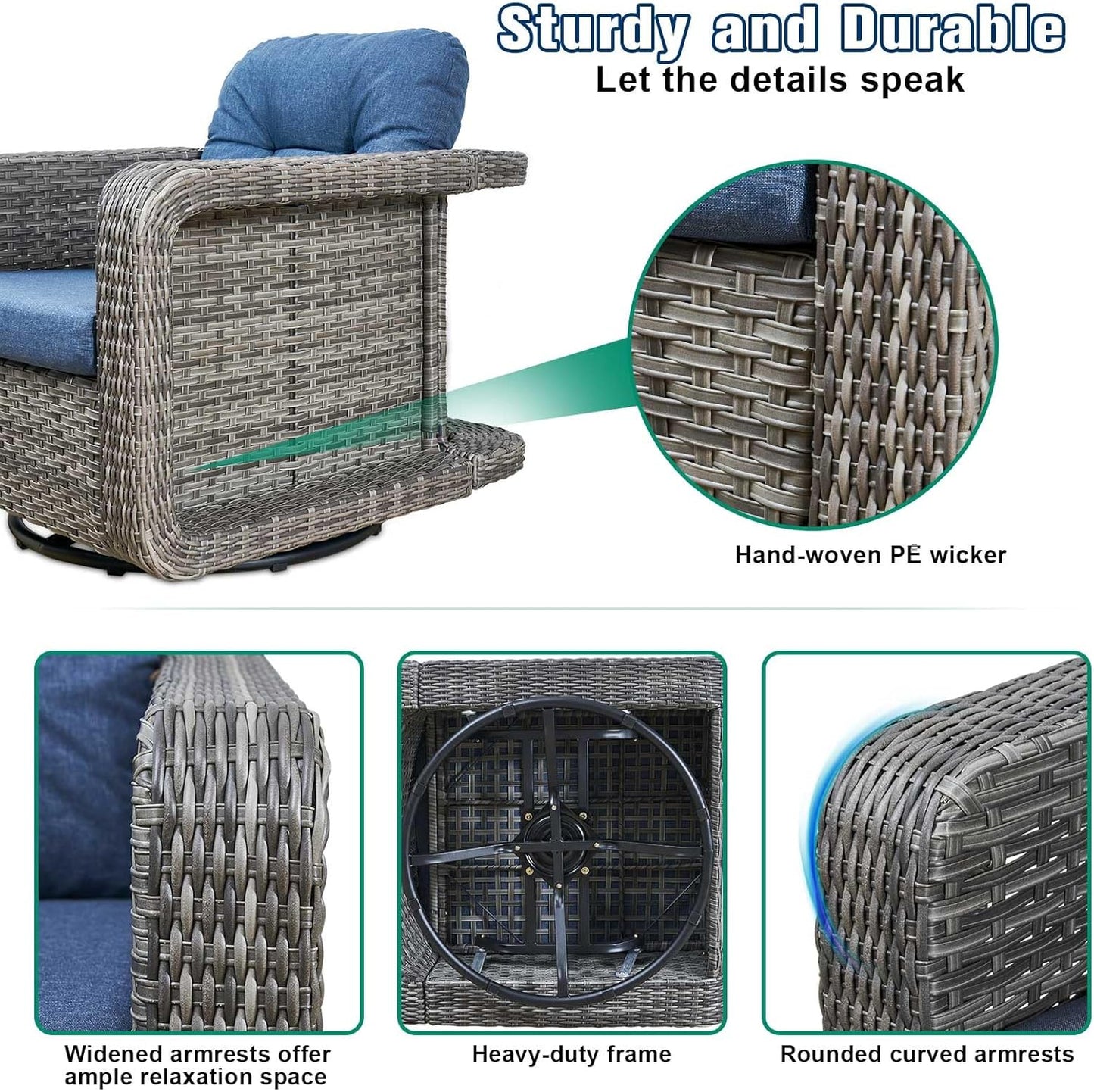 Patio Glider Swivel Rocker Set: 2piece Patio Furniture Sets, 360° Swivel Rocking Chairs with Ottoman, Rust-Resistant Cushion -Perfect for Backyard/Deck/Porch/Balcony Decors- Gray Wicker, Blue Cushion