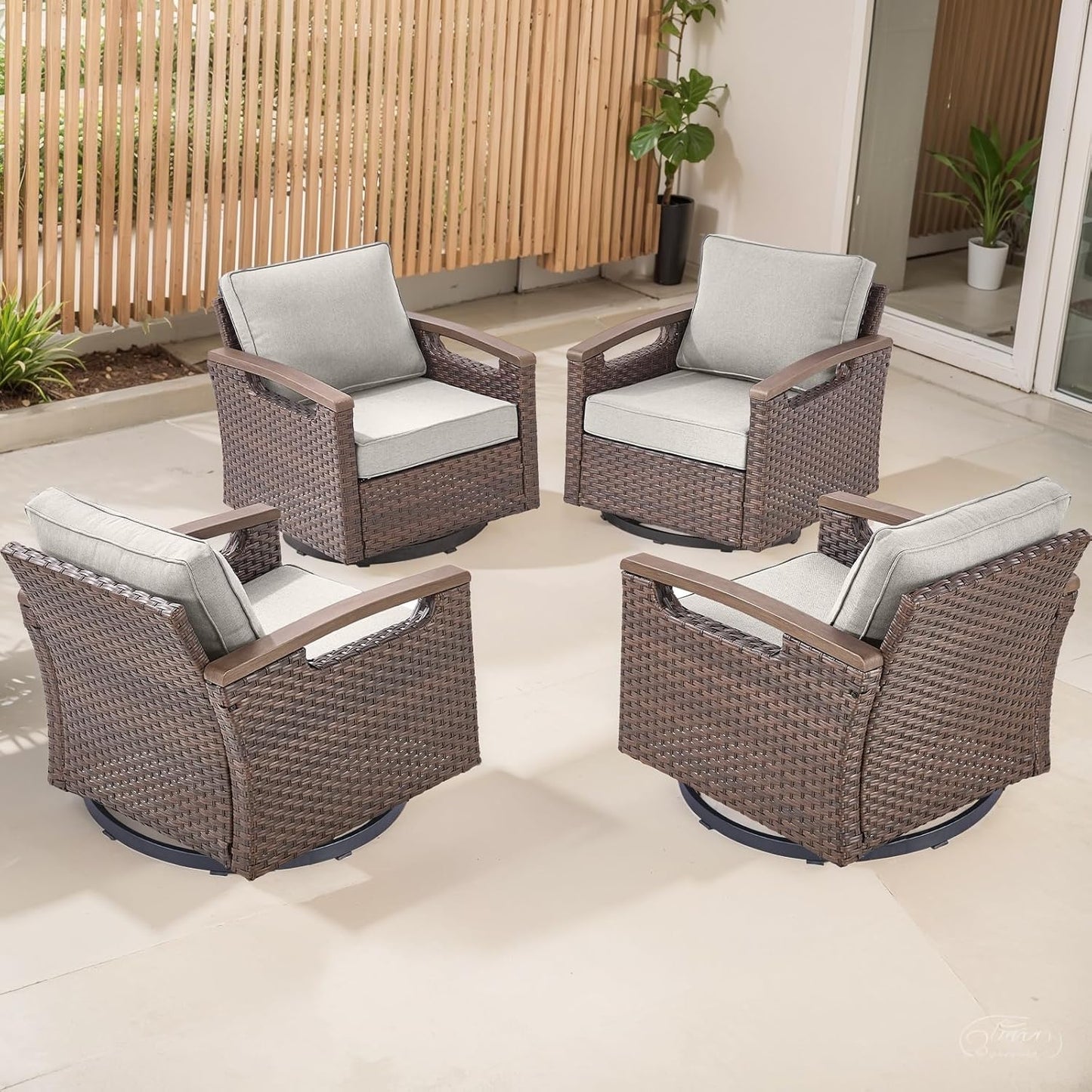Outdoor Patio Swivel Rocking Chairs Set of 2, All Weather Wicker, Metal Armrest, Deep Seating, Thick Comfortable Cushions, Ideal for Deck Porch Backyard, Brown/Beige