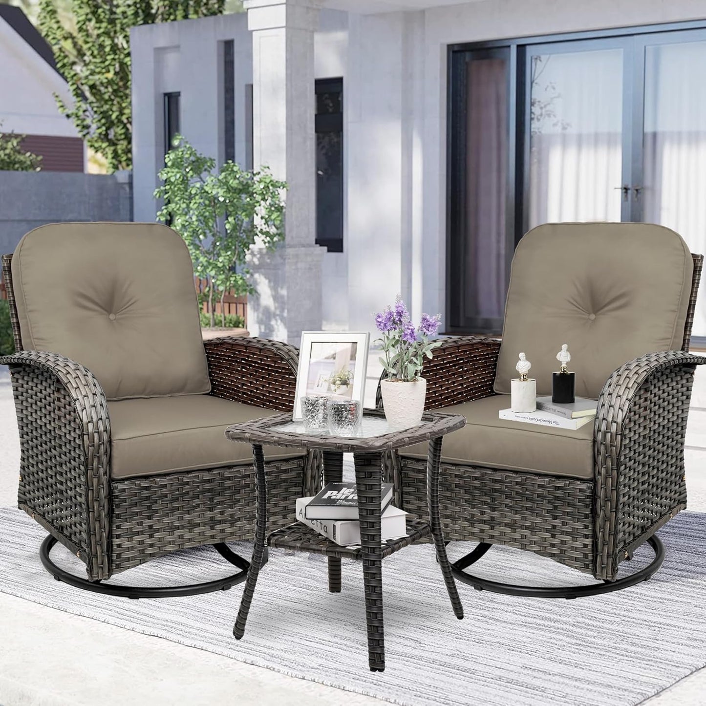3-Piece Swivel Rocker Wicker Chair Set of 2 ，360-Degree Rocking Chairs Outdoor with Cushions，Glass Table for Garden,Backyard, Bistro.Brown