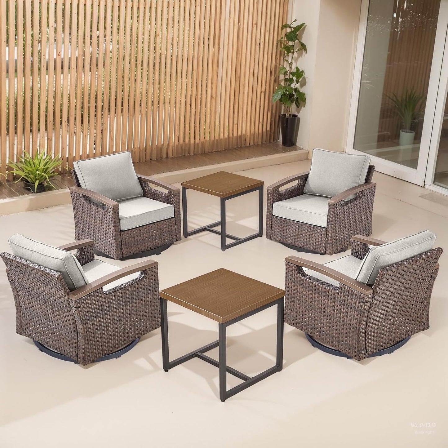 Outdoor Patio Swivel Rocking Chairs Set of 2, All Weather Wicker, Metal Armrest, Deep Seating, Thick Comfortable Cushions, Ideal for Deck Porch Backyard, Brown/Beige