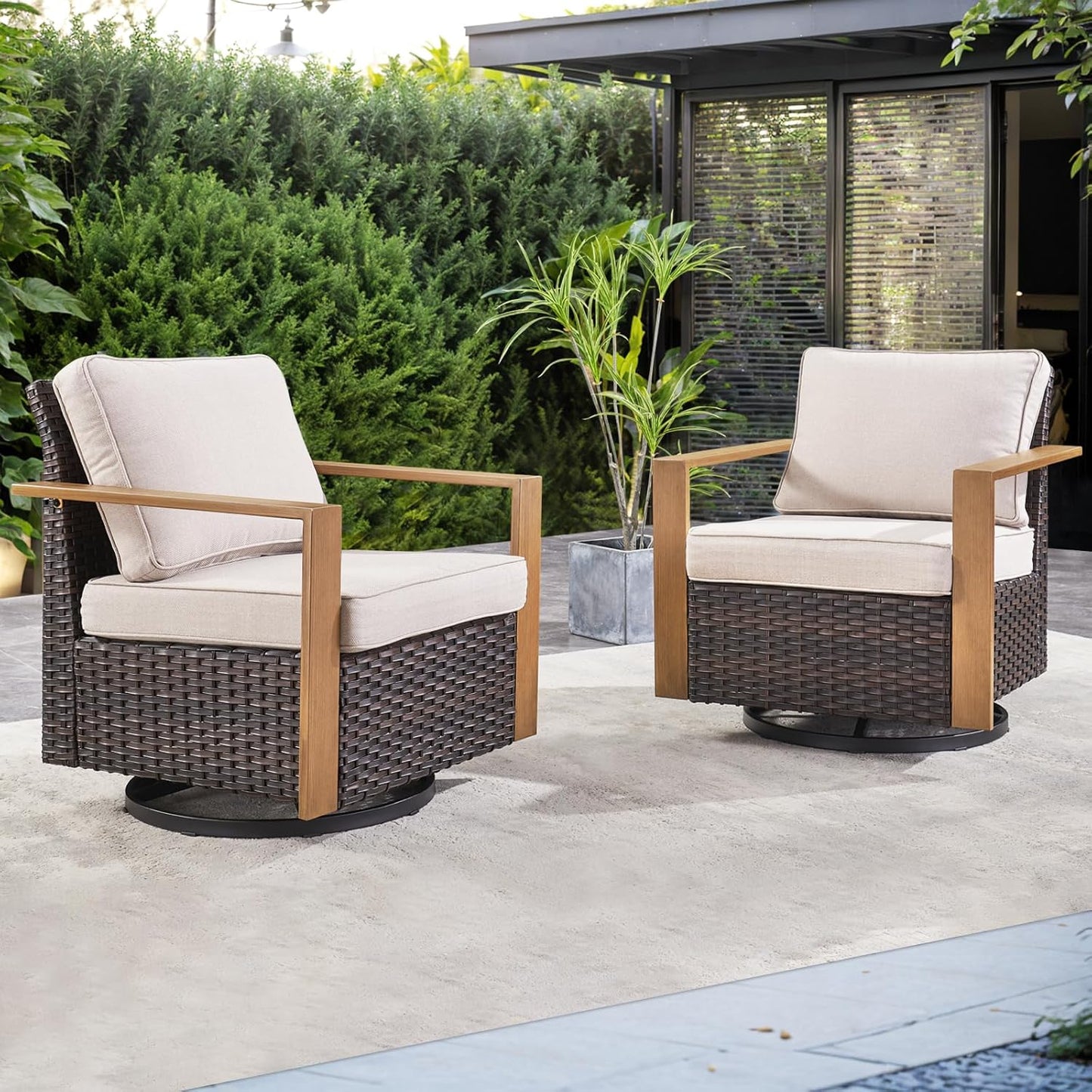 Outdoor Patio Swivel Rocker Chairs - Wicker Rattan Patio Swivel Rocking Chairs Set of 2 with Metal Wide Armrest, Thick Cushions and Deep Seating for Deck Porch Sunroom Garden(Brown/Grey)