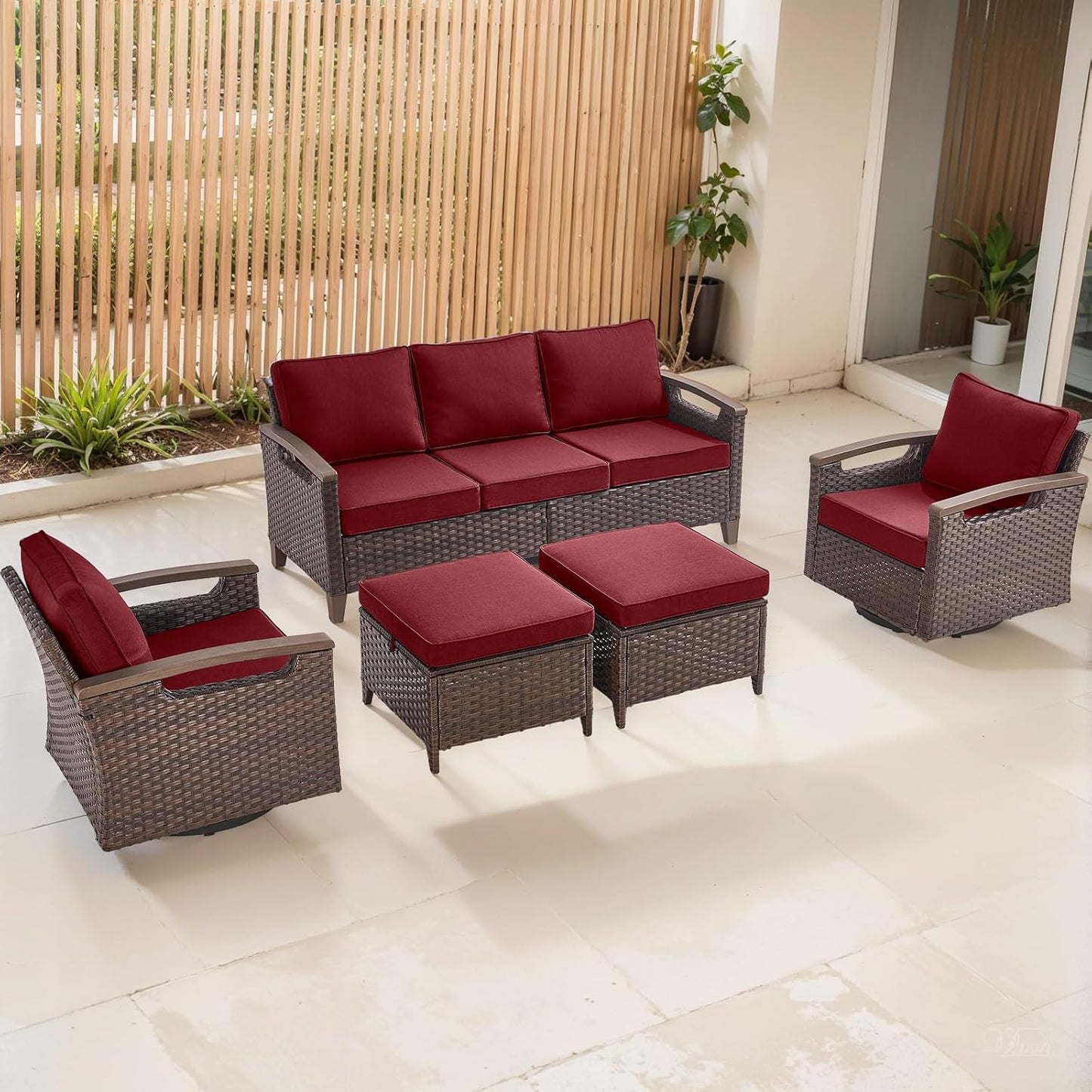 Outdoor Patio Swivel Rocking Chairs Set of 2, All Weather Wicker, Metal Armrest, Deep Seating, Thick Comfortable Cushions, Ideal for Deck Porch Backyard, Brown/Beige