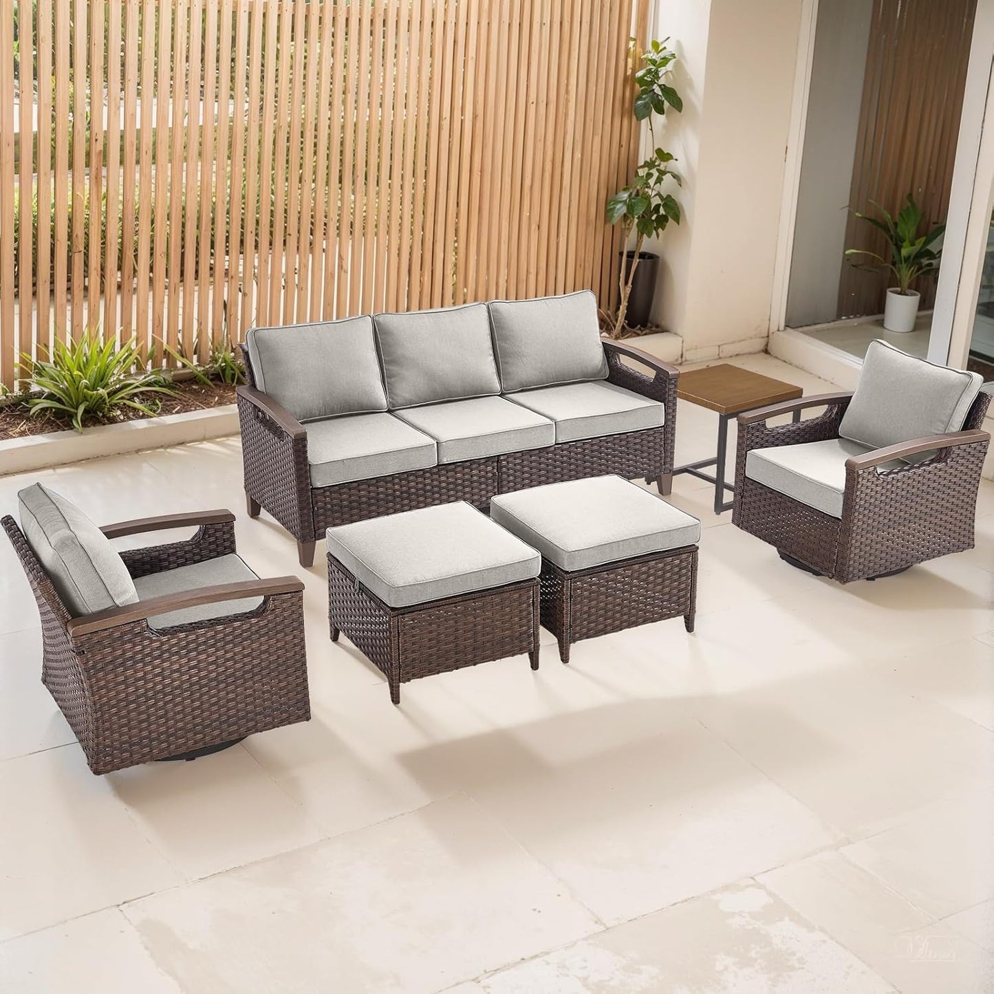 Outdoor Patio Swivel Rocking Chairs Set of 2, All Weather Wicker, Metal Armrest, Deep Seating, Thick Comfortable Cushions, Ideal for Deck Porch Backyard, Brown/Beige