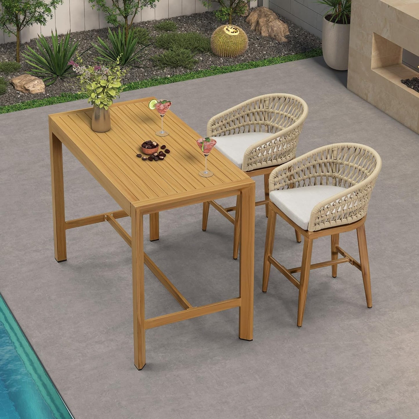 PURPLE LEAF 3 Pieces Outdoor Rattan 29" Bar Stools and Table Set, Modern Boho Aluminum Patio Bar Height Chair Bar Table for Outdoor and Indoor, Champagne