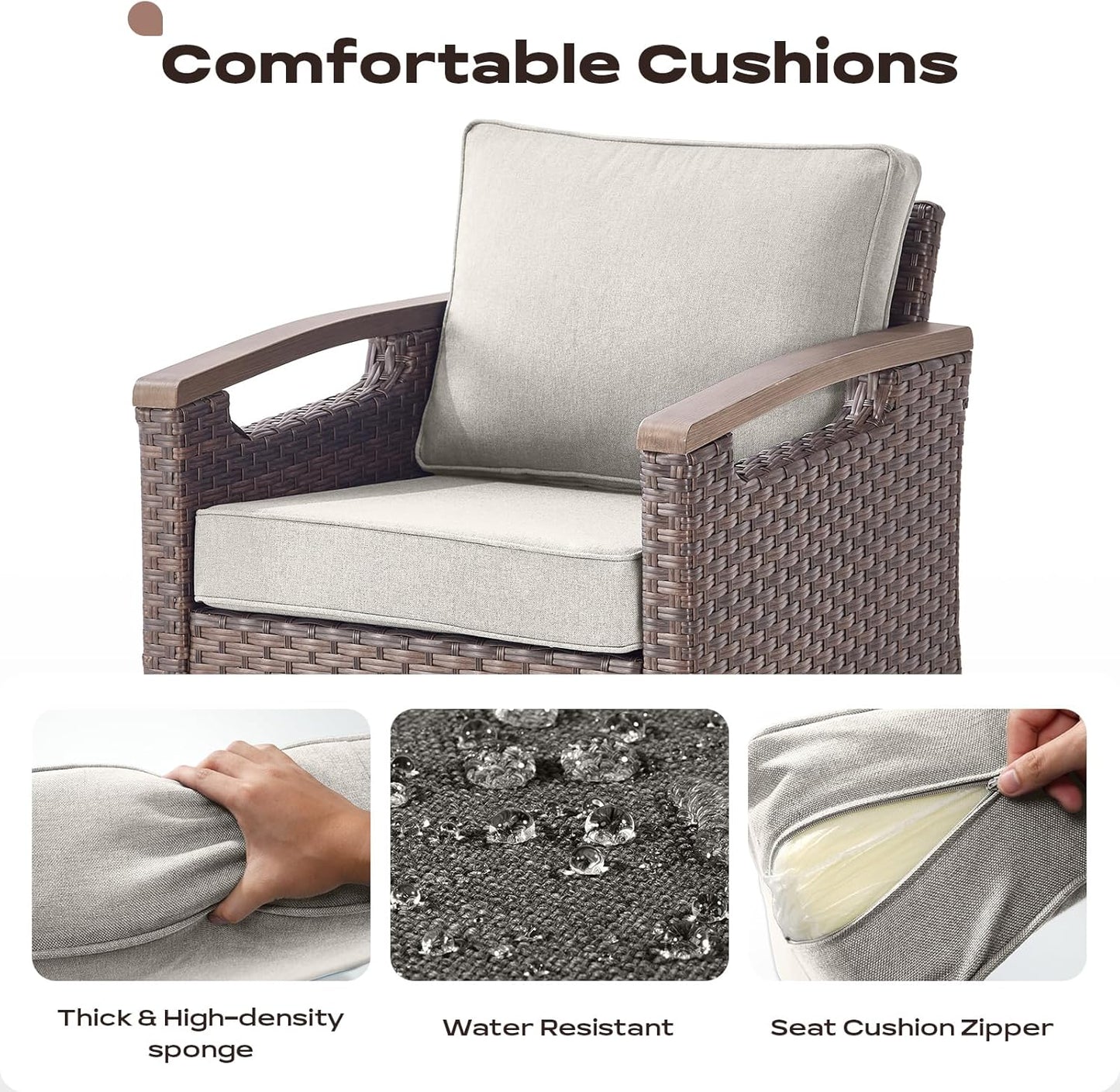 Outdoor Patio Swivel Rocking Chairs Set of 2, All Weather Wicker, Metal Armrest, Deep Seating, Thick Comfortable Cushions, Ideal for Deck Porch Backyard, Brown/Beige