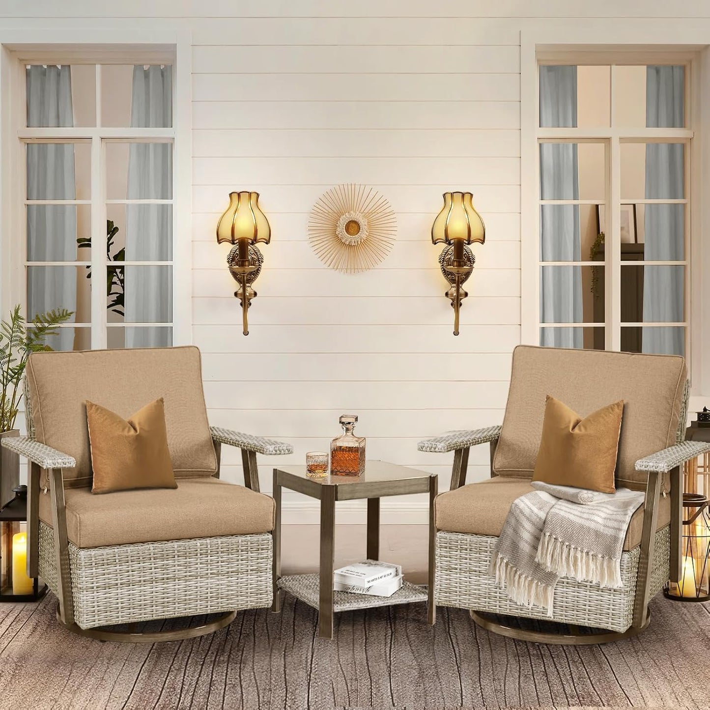 2 PCS Outdoor Patio Furniture Set, Oversized Swivel Patio Chairs Set of 2, Outdoor Swivel Rocking Glider Chairs Set, Brown/Taupe PE Wicker Rocking Chair with Cushion