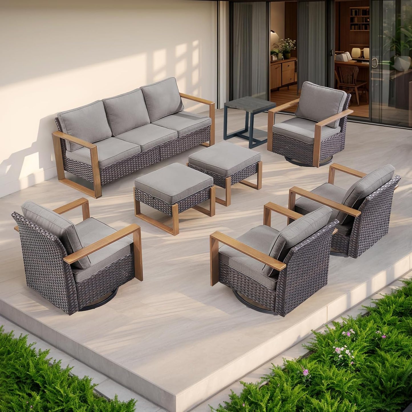 Outdoor Patio Swivel Rocker Chairs - Wicker Rattan Patio Swivel Rocking Chairs Set of 2 with Metal Wide Armrest, Thick Cushions and Deep Seating for Deck Porch Sunroom Garden(Brown/Grey)