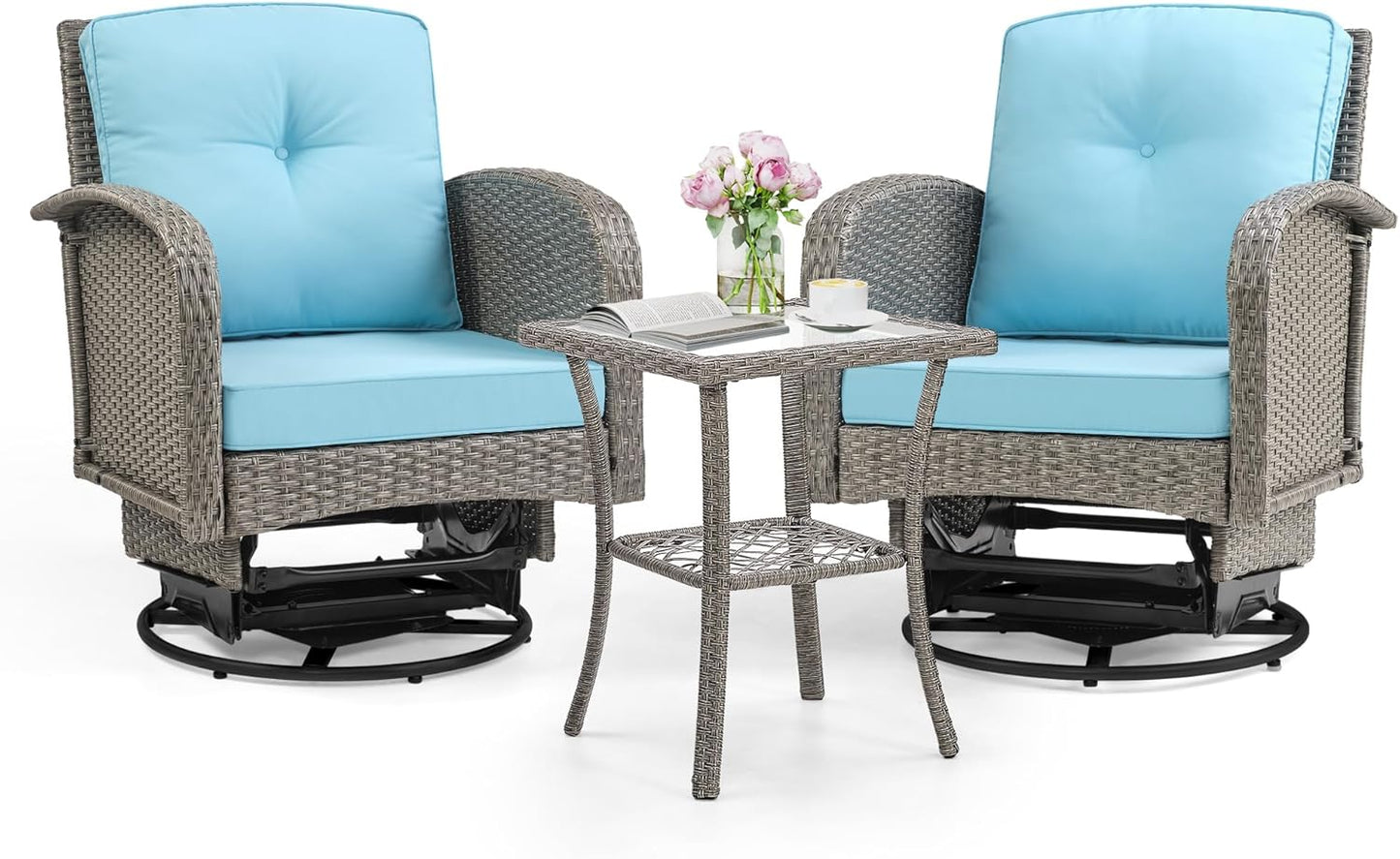 Outdoor Swivel Rocker Chairs Set, 3 Piece Patio Swivel Chairs Furniture Set, All-Weather Wicker Bistro Set, Washable Cushions, Ideal for Porch, Deck, Balcony, Backyard (LightGray)